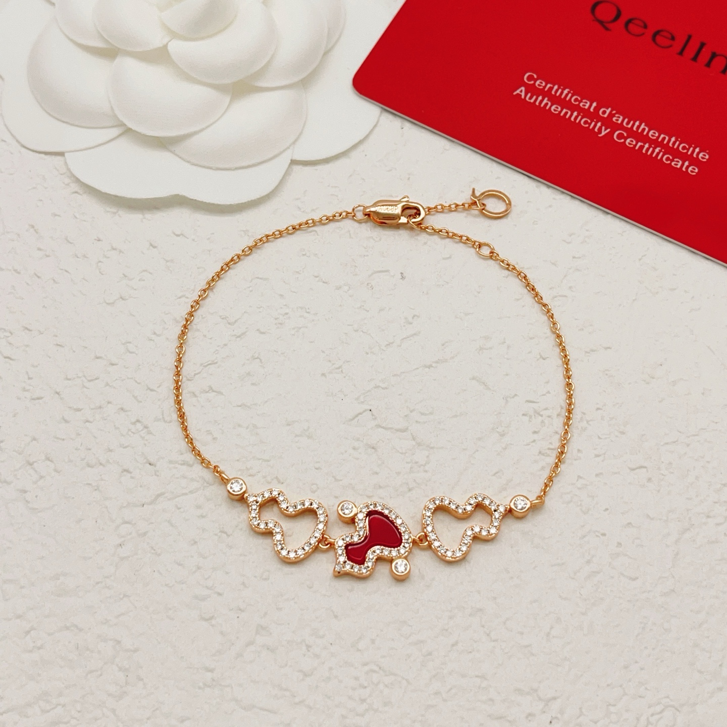 Qeelin Wulu bracelet rose gold red carnelian clear diamond simulants 16-19cm adjustable