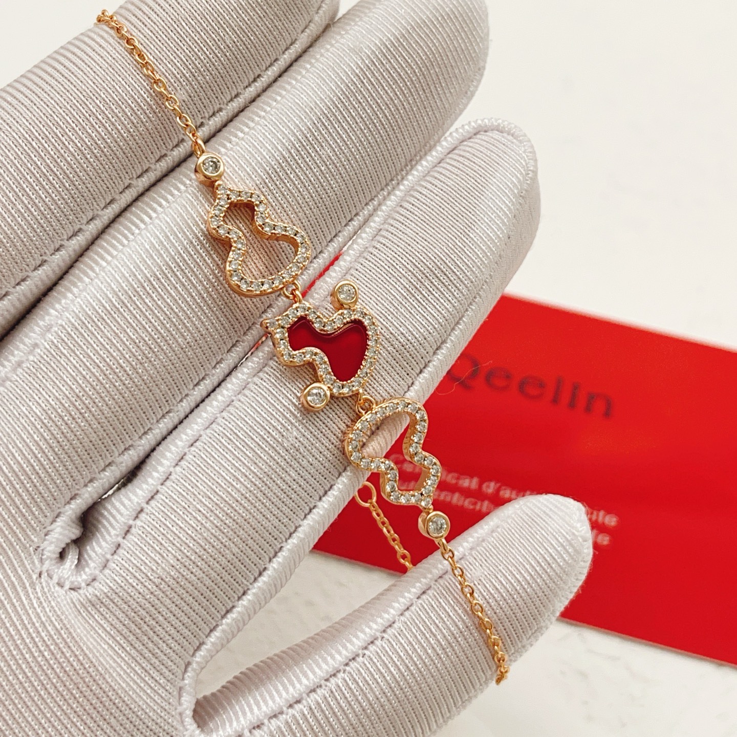Qeelin Wulu bracelet rose gold red carnelian clear diamond simulants 16-19cm adjustable