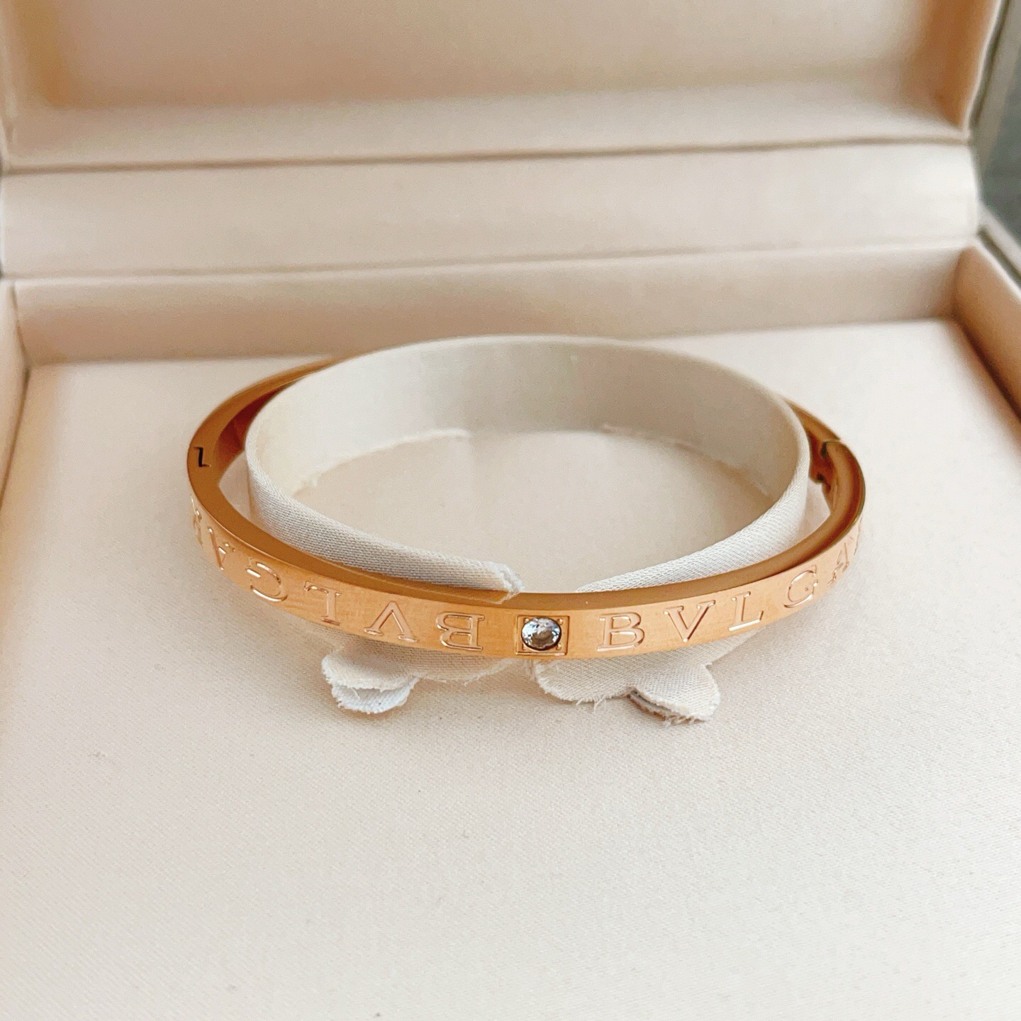 Bvlgari Bvlgari B zero1 Logo Bangle bracelet rose gold with clear diamond accent one size fits all