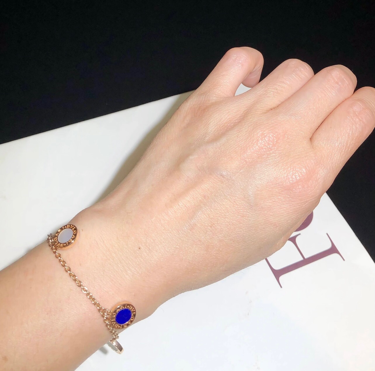 Bvlgari Bvlgari bracelet rose gold metal with red green malachite blue and white mother-of-pearl stone accents 18cm