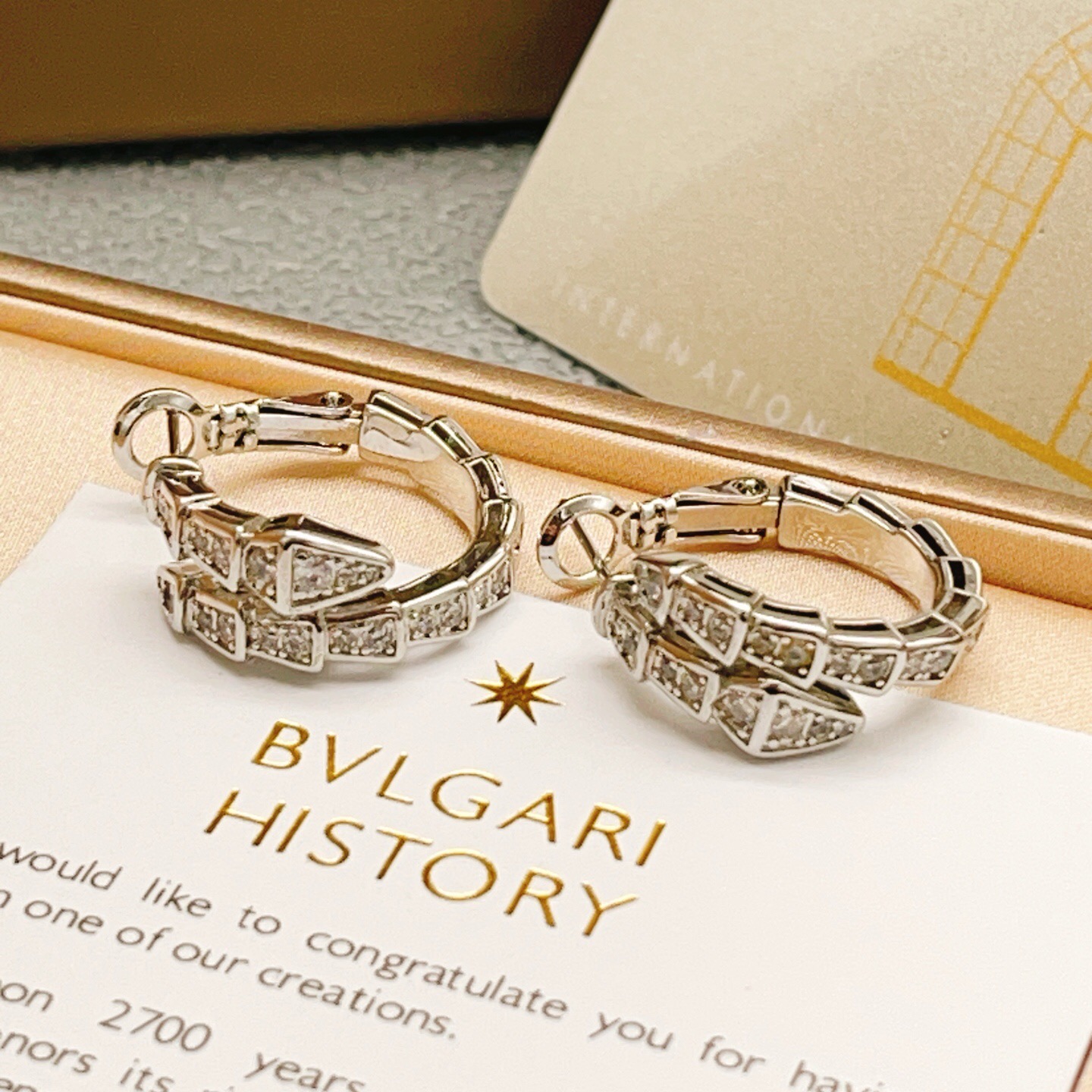 Bvlgari Serpenti Viper earrings silver-toned metal with clear pave diamonds 15mm hoop diameter