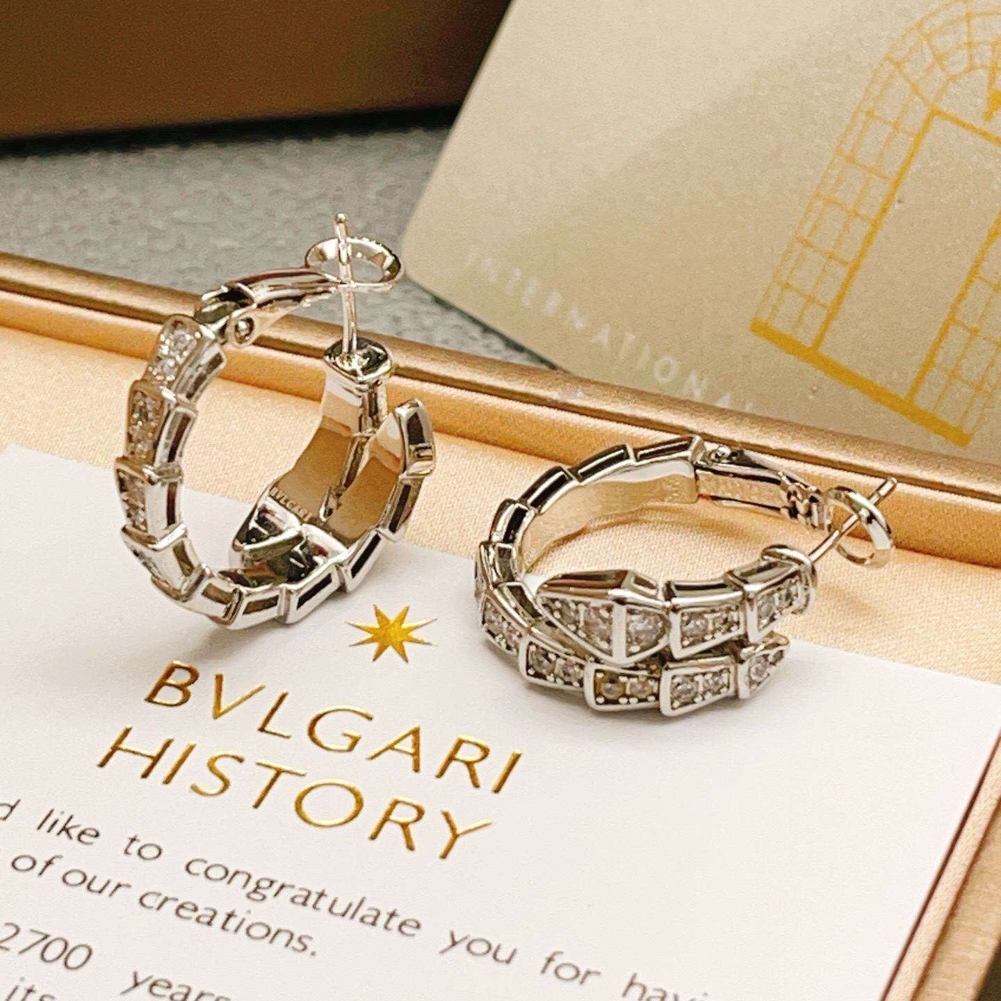 Bvlgari Serpenti Viper earrings silver-toned metal with clear pave diamonds 15mm hoop diameter