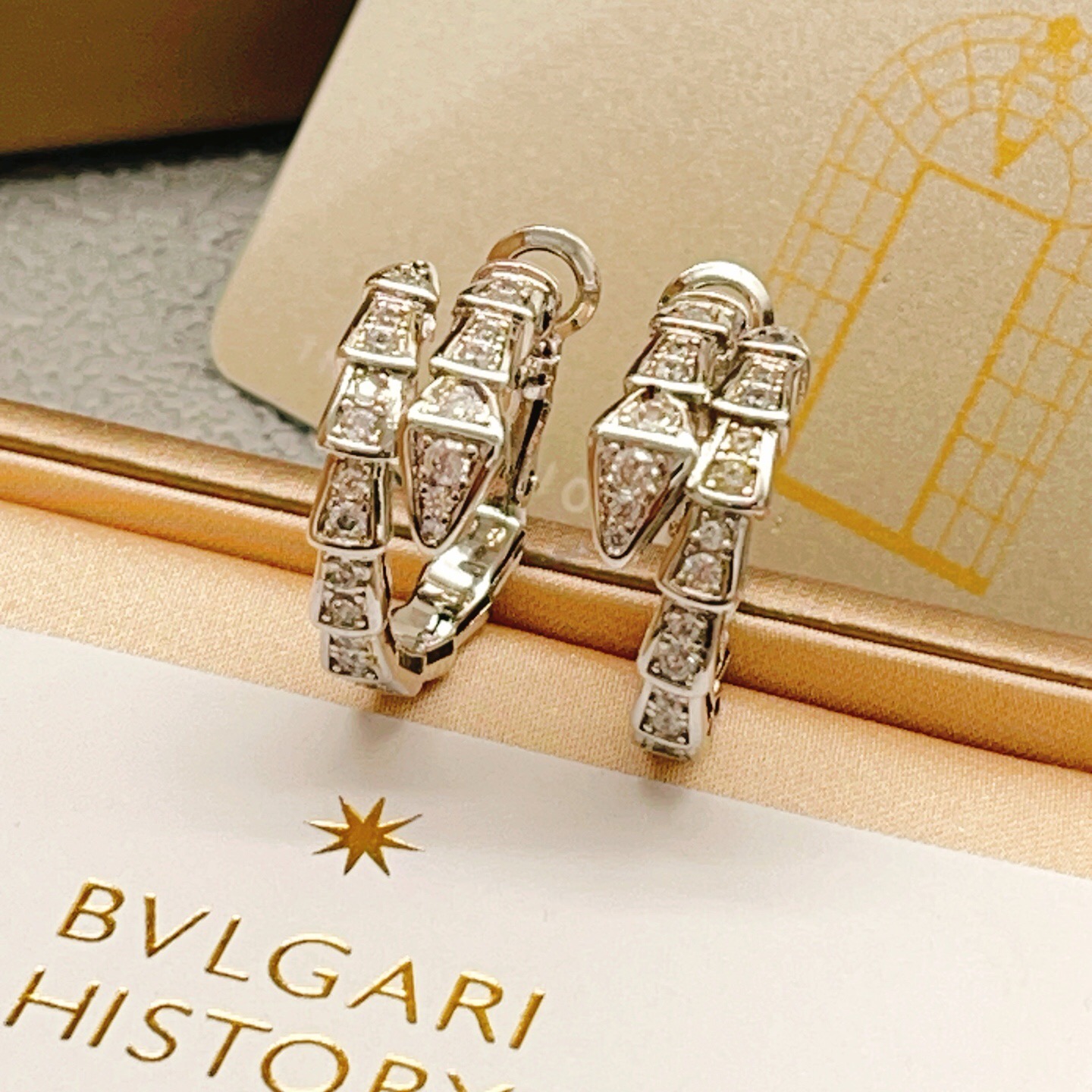 Bvlgari Serpenti Viper earrings silver-toned metal with clear pave diamonds 15mm hoop diameter