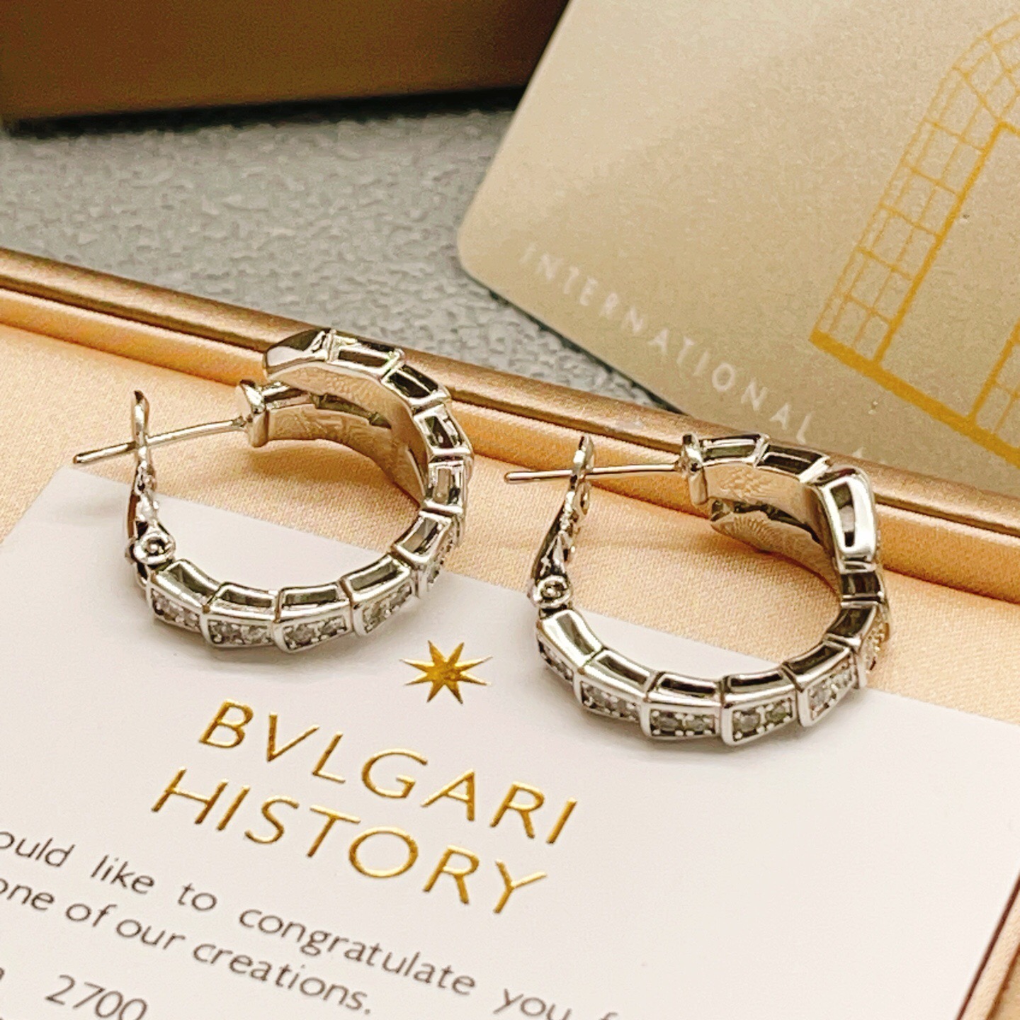 Bvlgari Serpenti Viper earrings silver-toned metal with clear pave diamonds 15mm hoop diameter