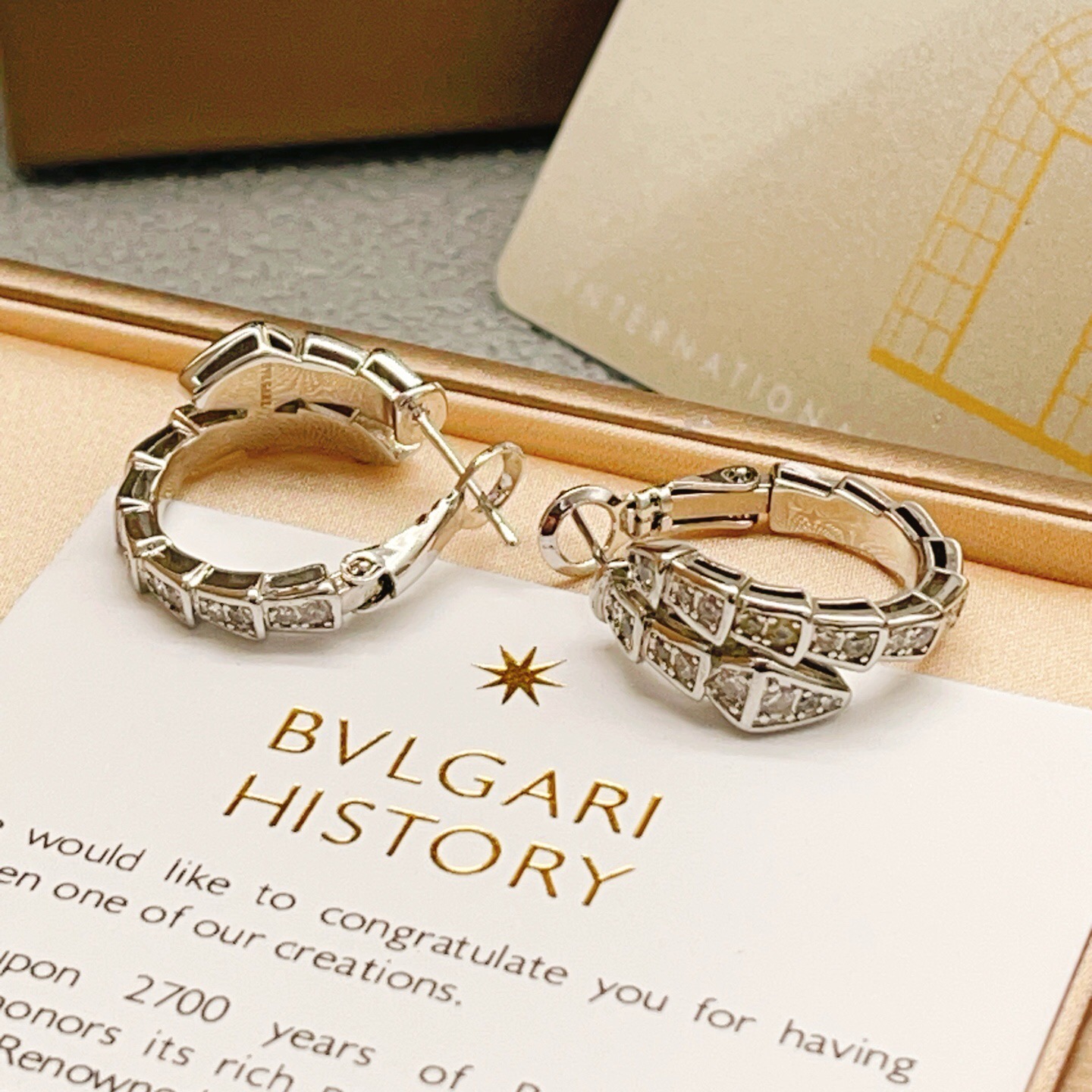 Bvlgari Serpenti Viper earrings silver-toned metal with clear pave diamonds 15mm hoop diameter