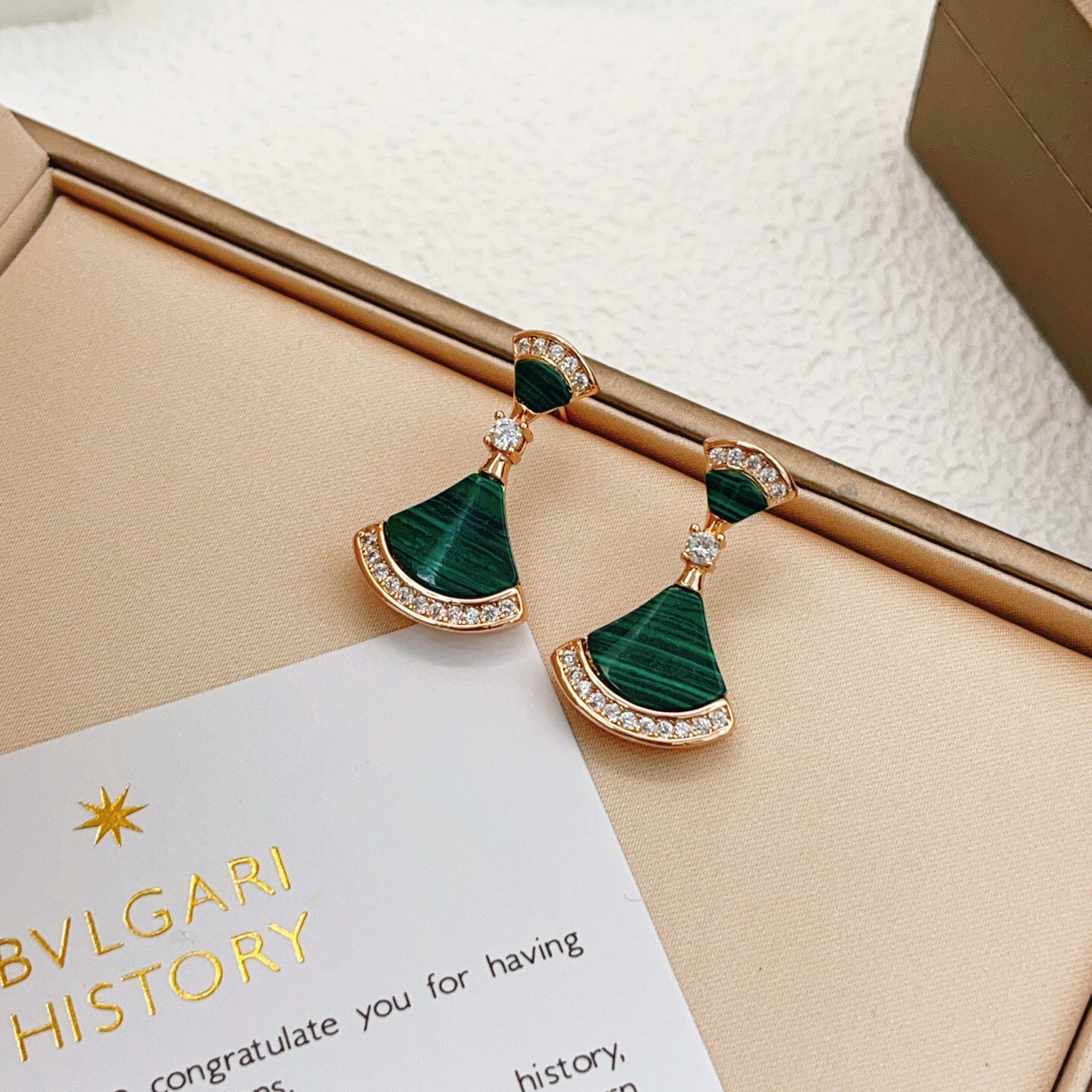 Bvlgari Divas Dream earrings Rose gold with green malachite and clear diamond accents 2 5cm drop length