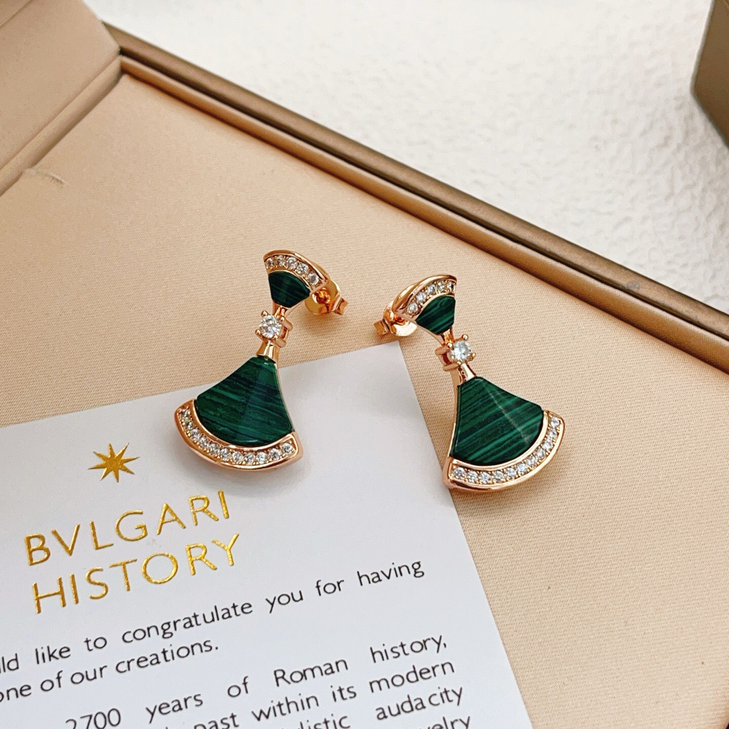 Bvlgari Divas Dream earrings Rose gold with green malachite and clear diamond accents 2 5cm drop length