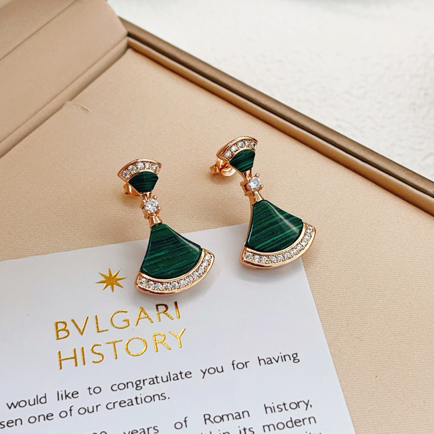 Bvlgari Divas Dream earrings Rose gold with green malachite and clear diamond accents 2 5cm drop length