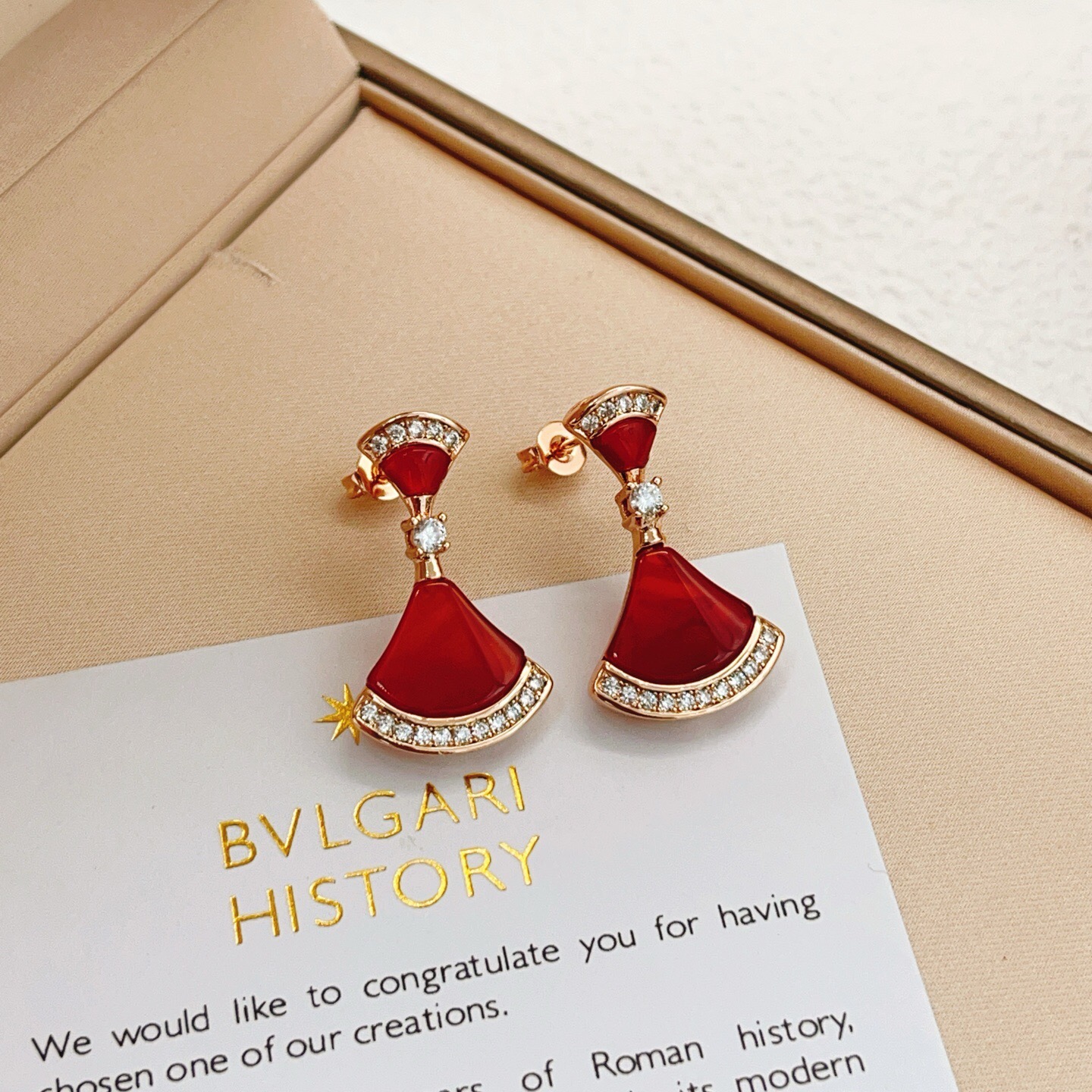 Bvlgari Divas Dream earrings Rose gold with red carnelian and clear diamond accents 1 8cm drop length