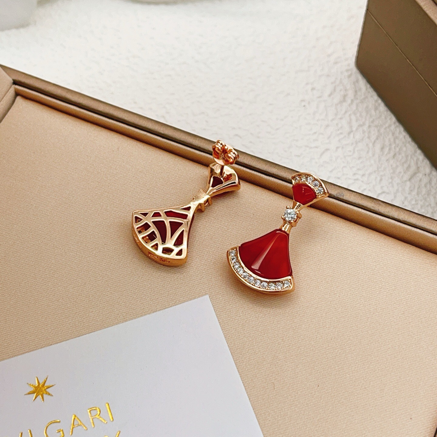 Bvlgari Divas Dream earrings Rose gold with red carnelian and clear diamond accents 1 8cm drop length