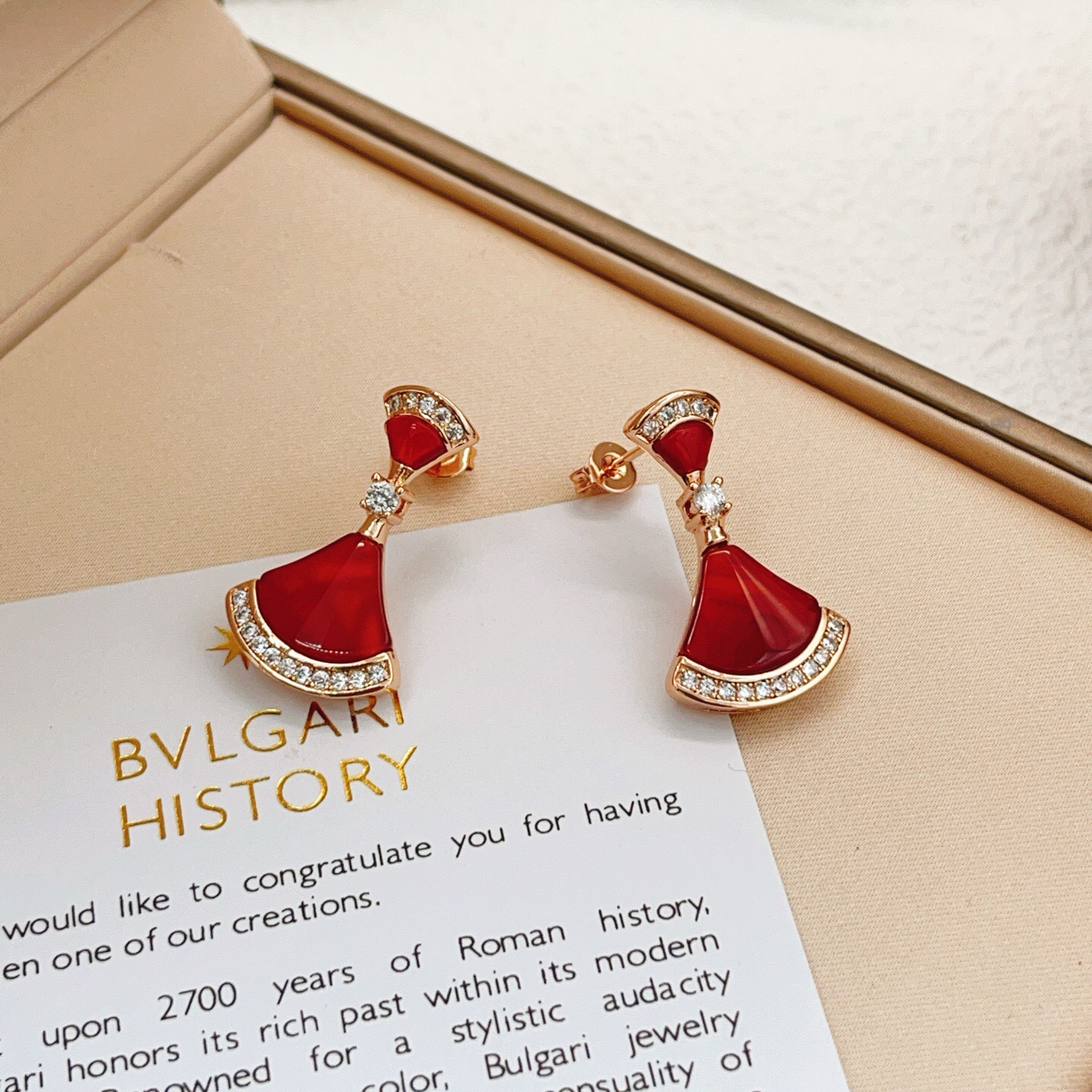 Bvlgari Divas Dream earrings Rose gold with red carnelian and clear diamond accents 1 8cm drop length