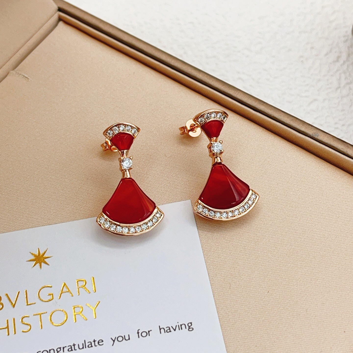 Bvlgari Divas Dream earrings Rose gold with red carnelian and clear diamond accents 1 8cm drop length