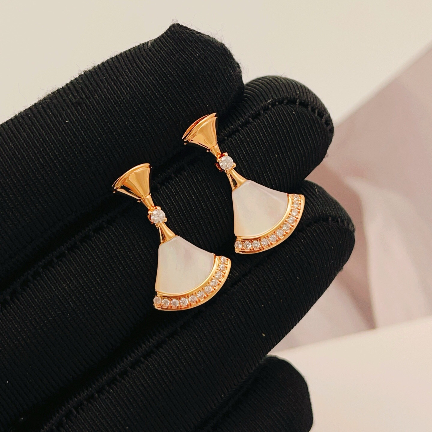 Bvlgari Divas Dream earrings rose gold metal with white mother-of-pearl and clear diamond accents 2 2cm drop length