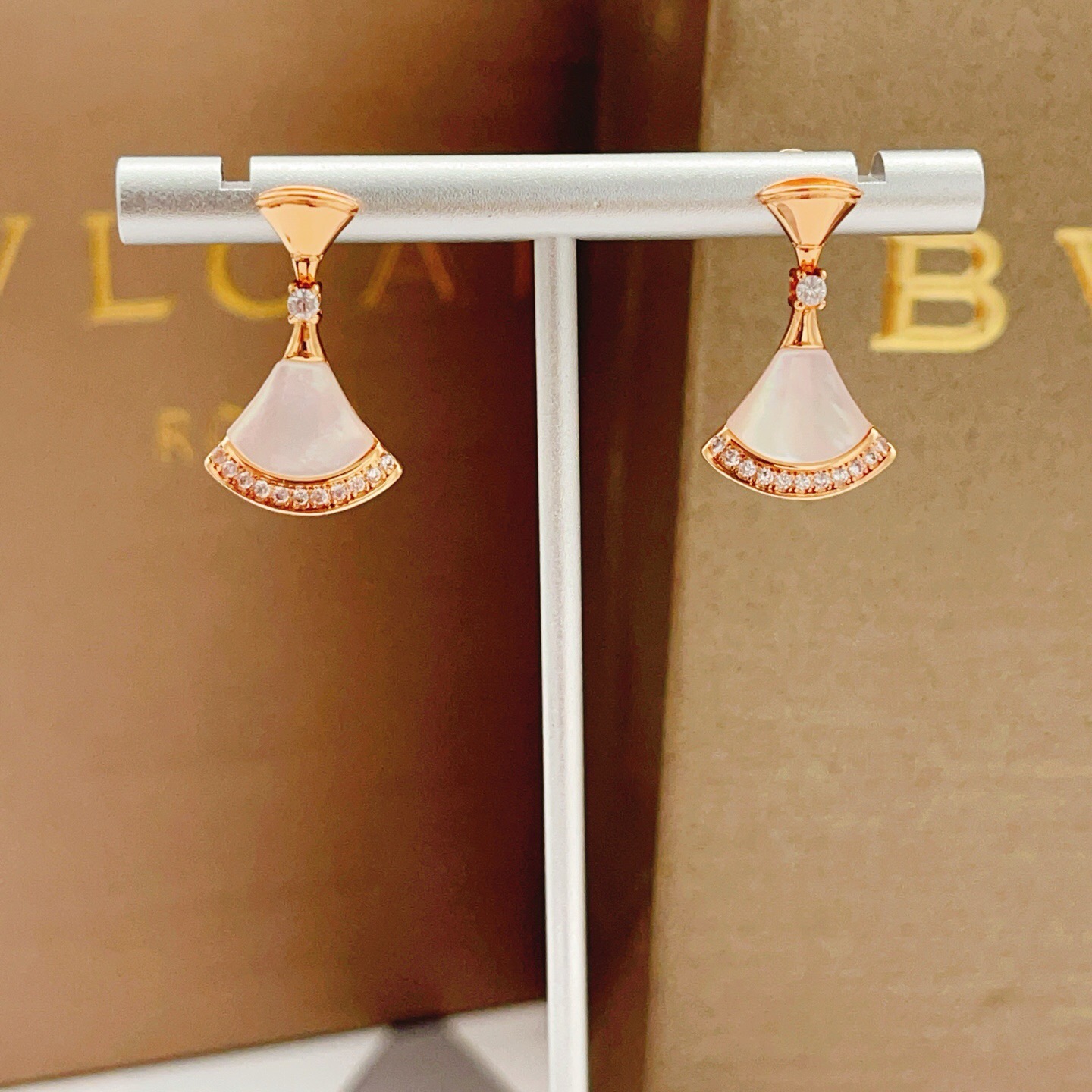 Bvlgari Divas Dream earrings rose gold metal with white mother-of-pearl and clear diamond accents 2 2cm drop length