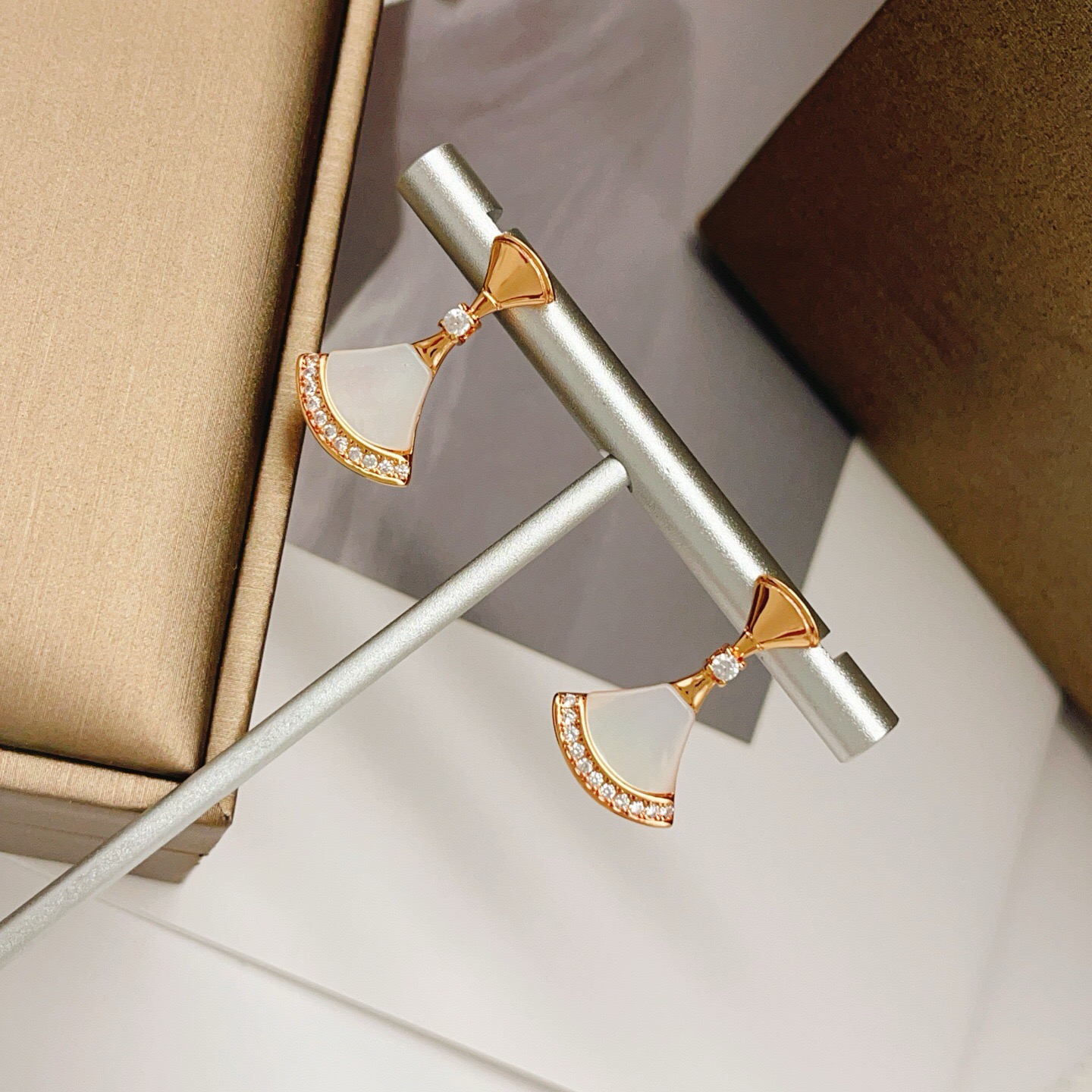 Bvlgari Divas Dream earrings rose gold metal with white mother-of-pearl and clear diamond accents 2 2cm drop length