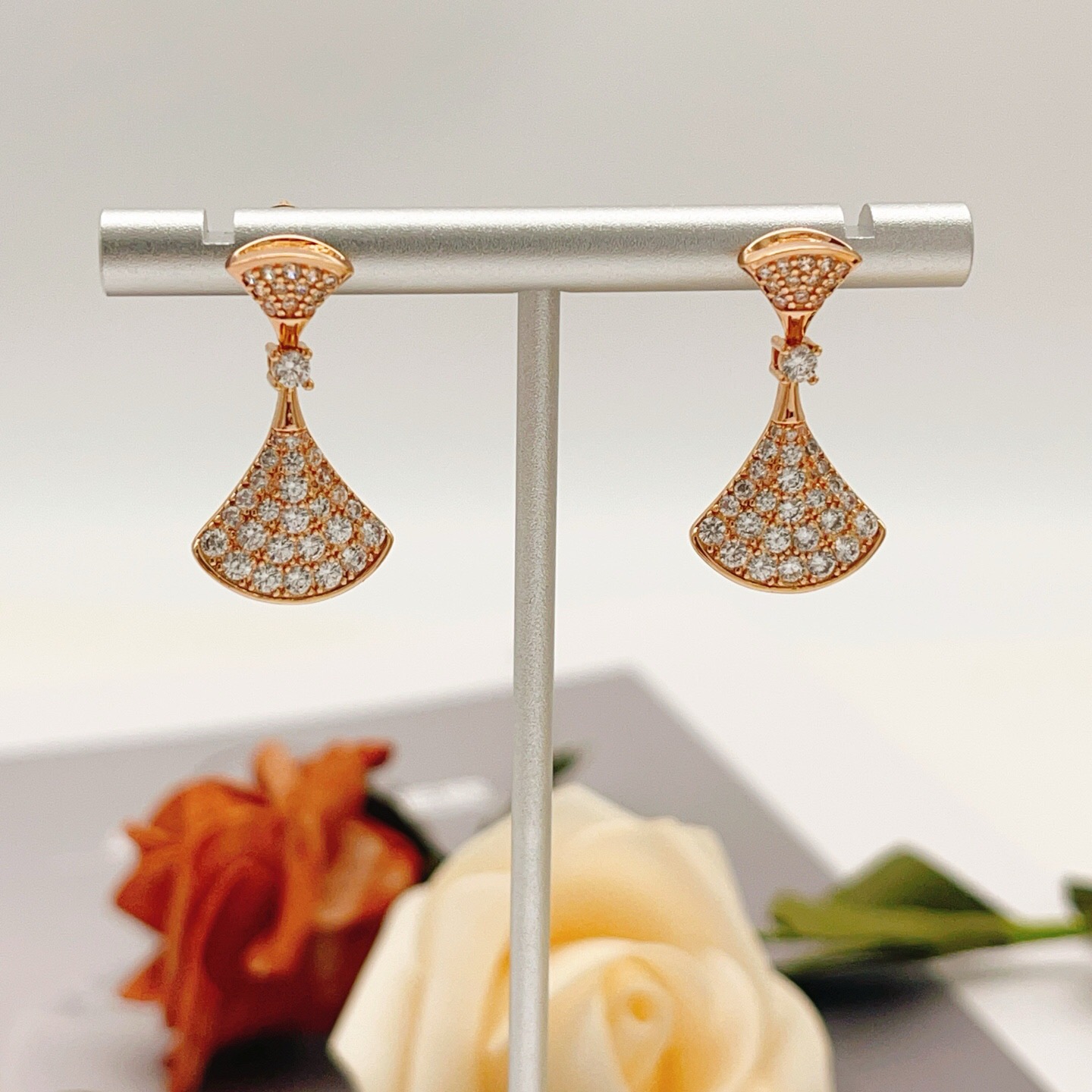 Bvlgari Divas Dream earrings 18k rose gold with full pave clear diamonds 18k white gold with full pave clear diamonds 2 5cm drop length