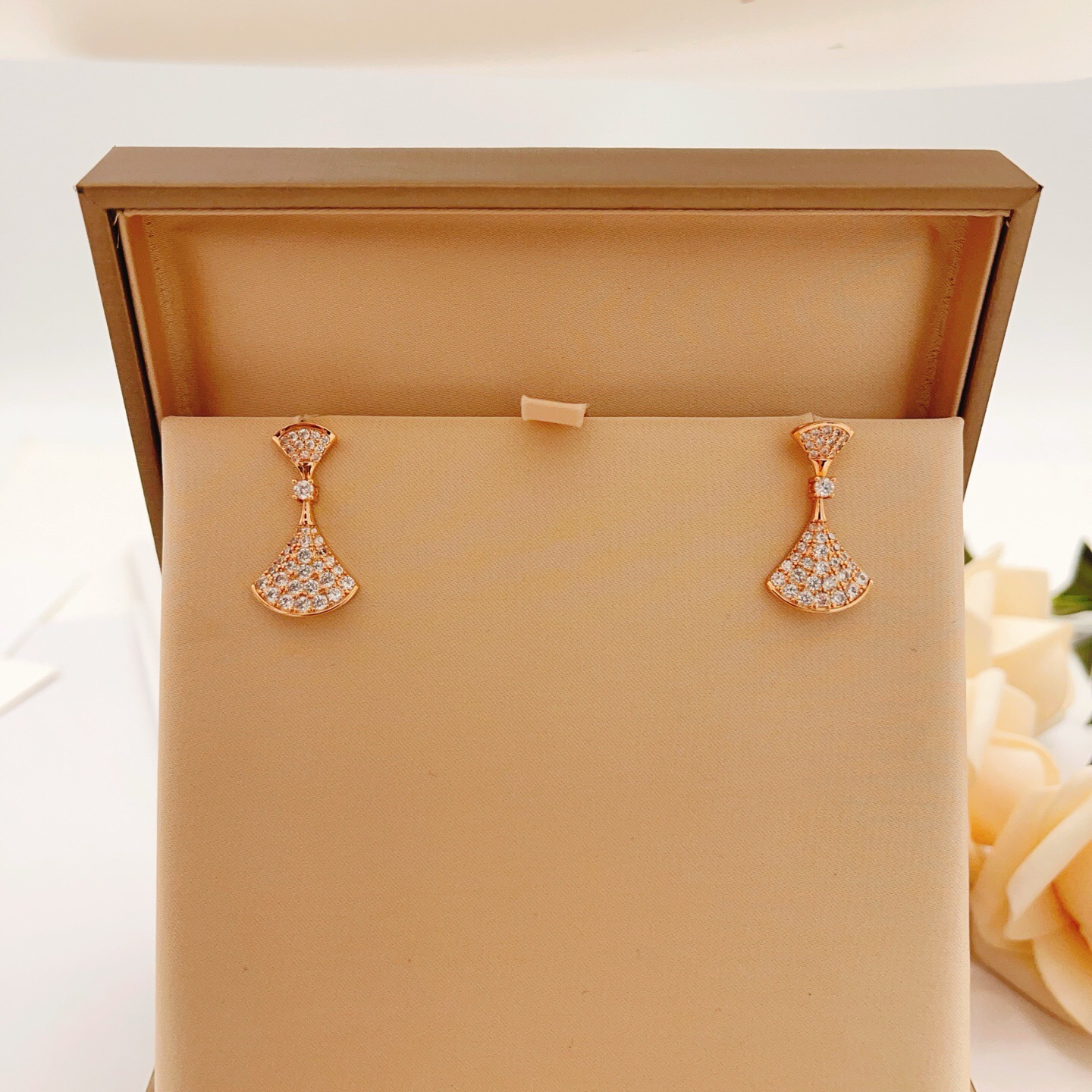 Bvlgari Divas Dream earrings 18k rose gold with full pave clear diamonds 18k white gold with full pave clear diamonds 2 5cm drop length