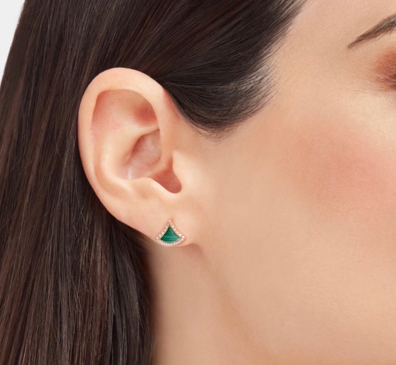 Bvlgari Divas Dream earrings rose gold green malachite clear diamond accents 1 2cm stud diameter