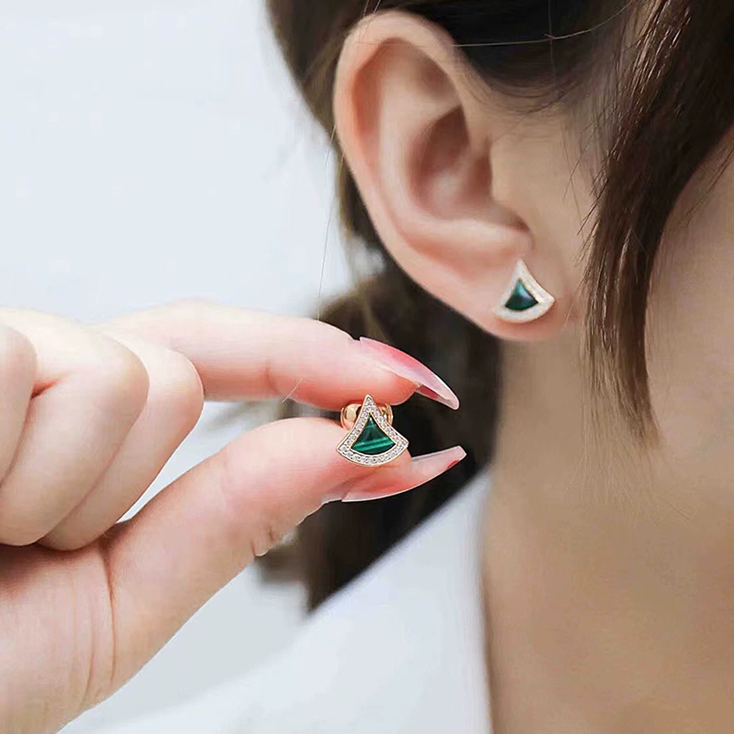 Bvlgari Divas Dream earrings rose gold green malachite clear diamond accents 1 2cm stud diameter