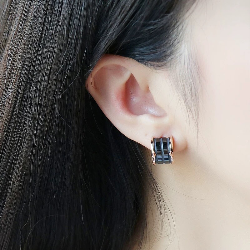 Bvlgari B zero1 earrings rose gold metal with black ceramic 12mm hoop diameter