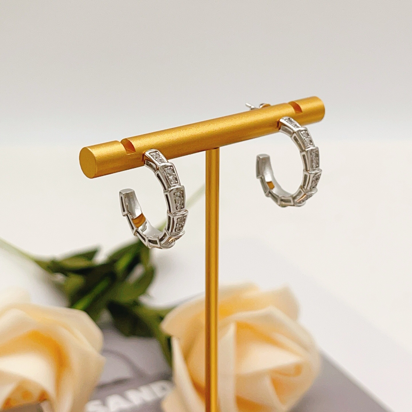 Bvlgari Serpenti Viper earrings silver-toned white gold with clear pave diamonds 15mm outer hoop diameter