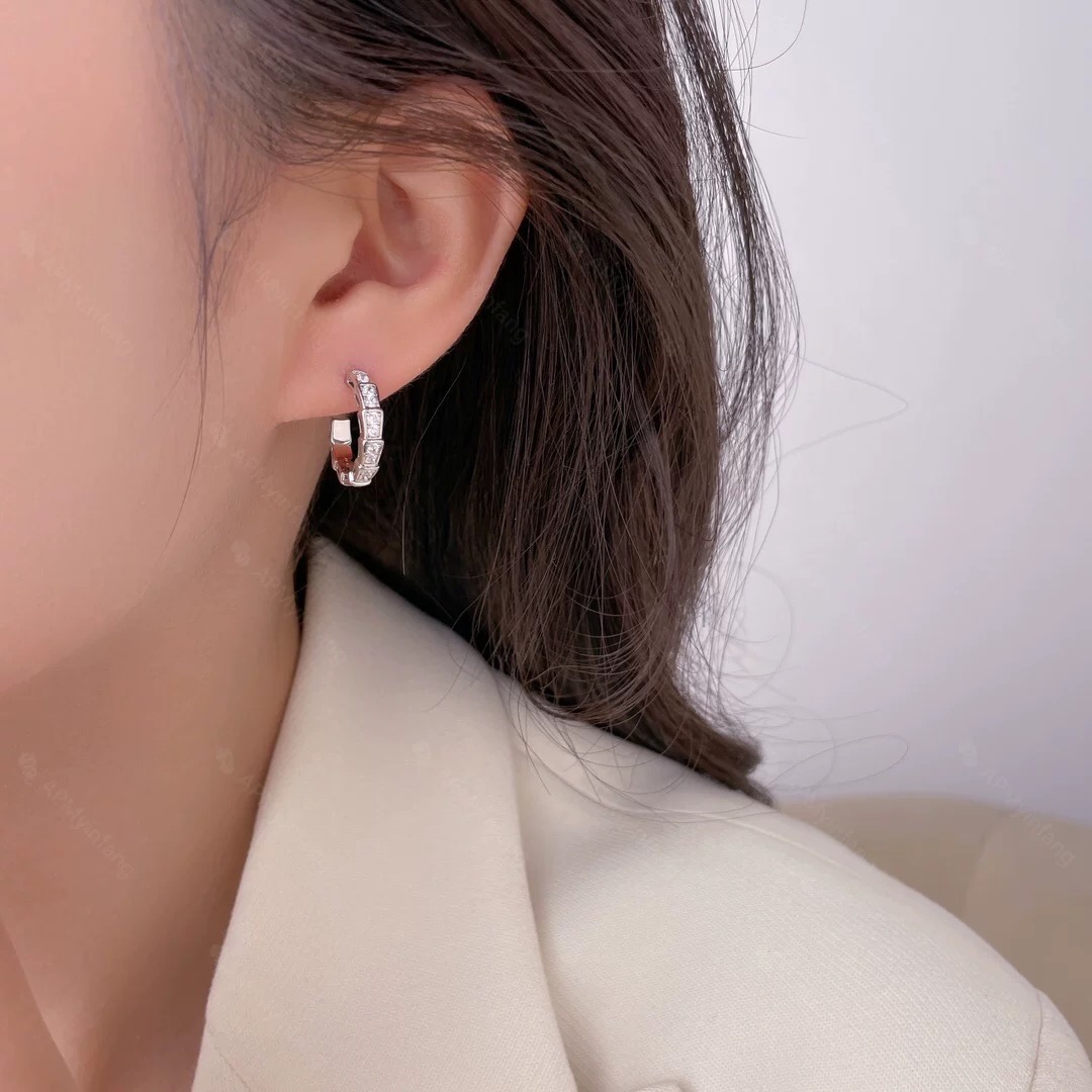 Bvlgari Serpenti Viper earrings silver-toned white gold with clear pave diamonds 15mm outer hoop diameter