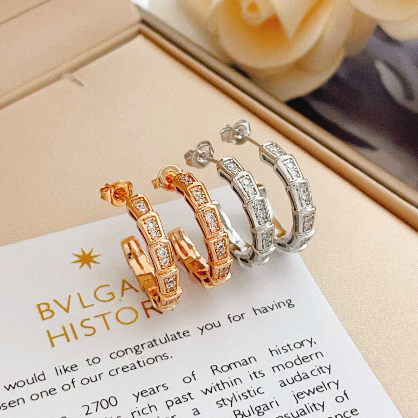 Bvlgari Serpenti Viper earrings silver-toned white gold with clear pave diamonds 15mm outer hoop diameter