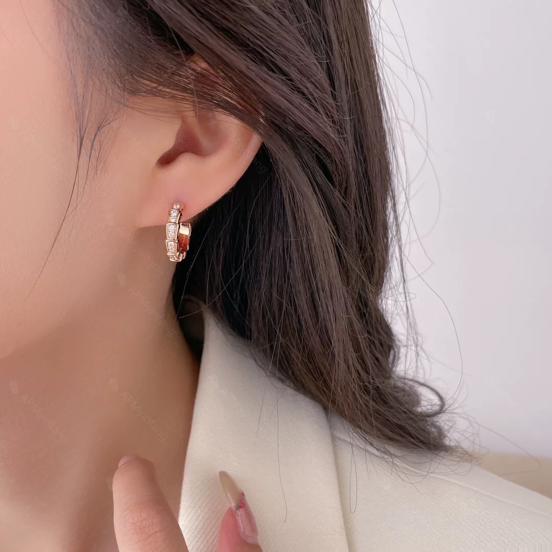 Bvlgari Serpenti Viper earrings silver-toned white gold with clear pave diamonds 15mm outer hoop diameter