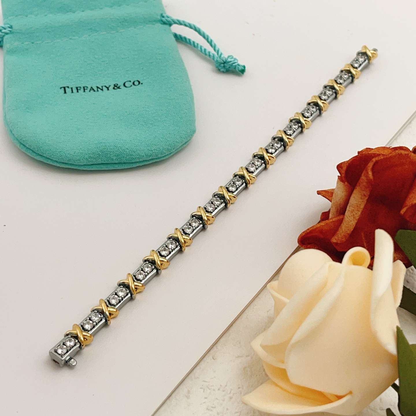Tiffany Co Signature X Diamond Tennis Bracelet bracelet Two-tone sterling silver and 18k gold with clear round diamonds One size fits all