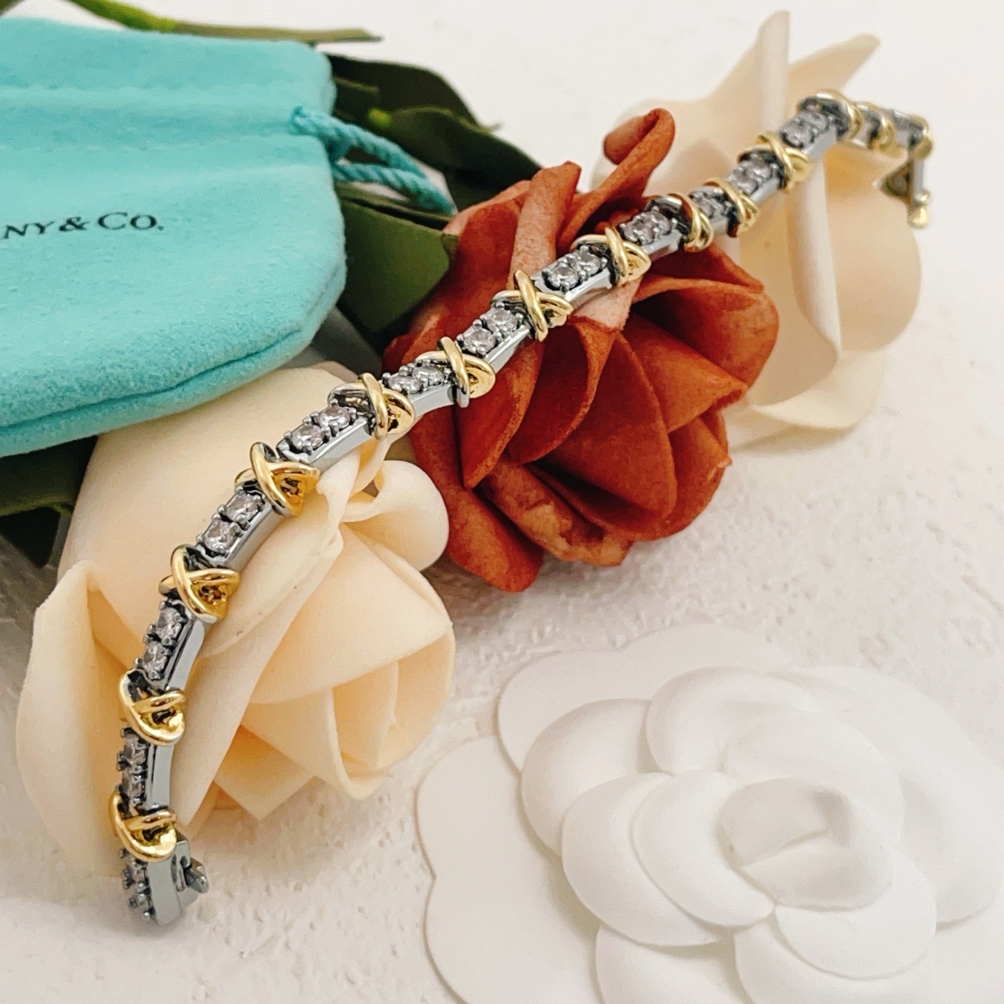 Tiffany Co Signature X Diamond Tennis Bracelet bracelet Two-tone sterling silver and 18k gold with clear round diamonds One size fits all