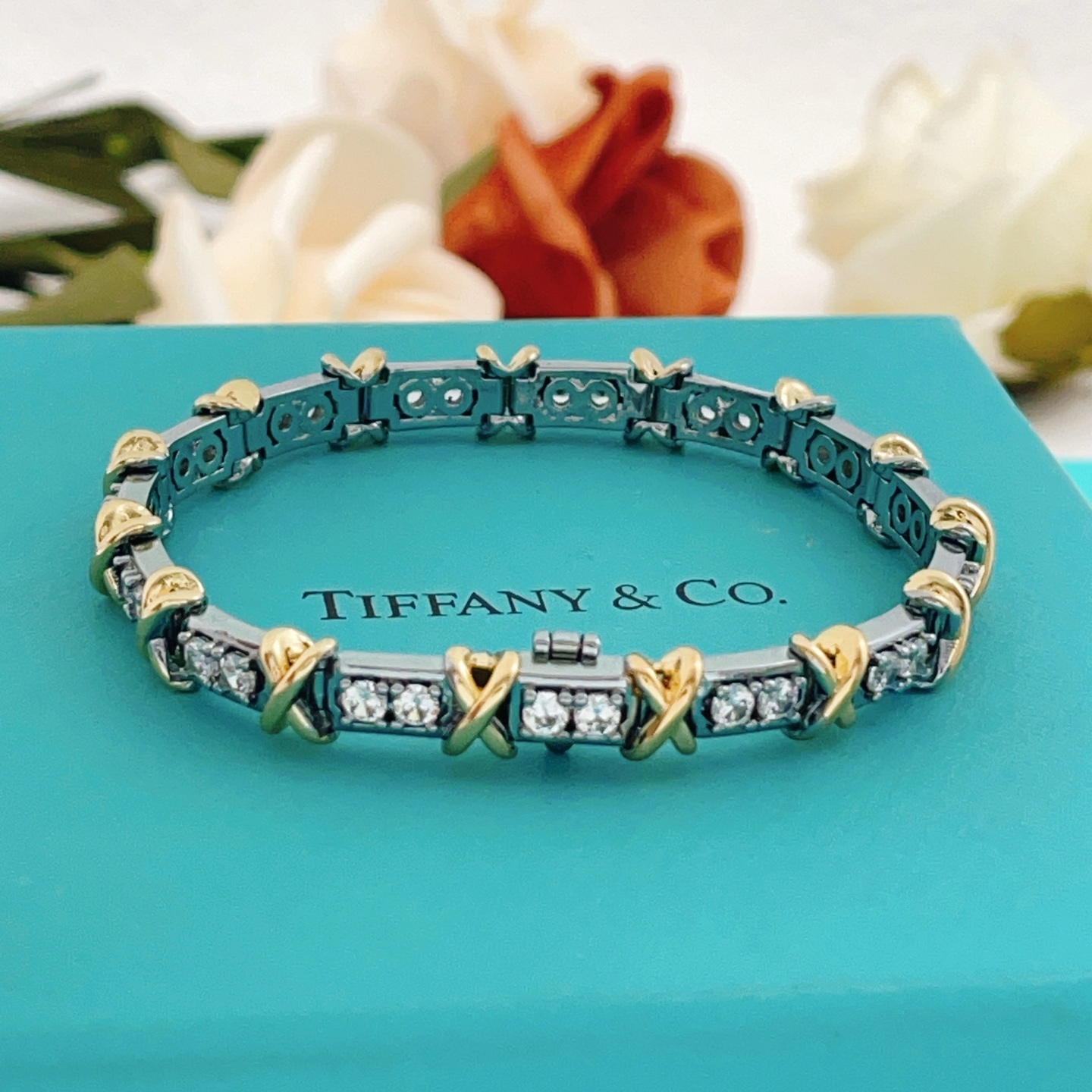 Tiffany Co Signature X Diamond Tennis Bracelet bracelet Two-tone sterling silver and 18k gold with clear round diamonds One size fits all
