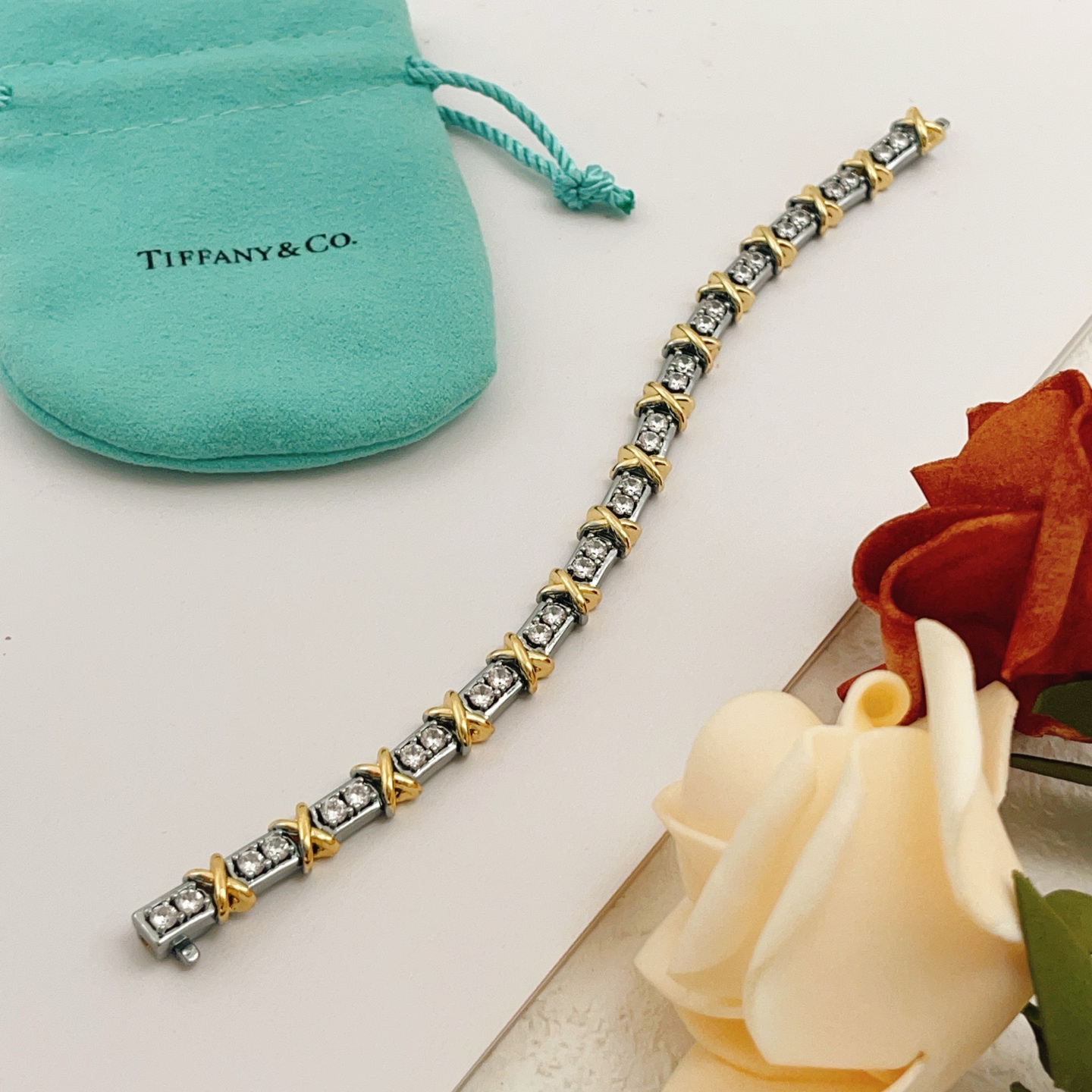 Tiffany Co Signature X Diamond Tennis Bracelet bracelet Two-tone sterling silver and 18k gold with clear round diamonds One size fits all