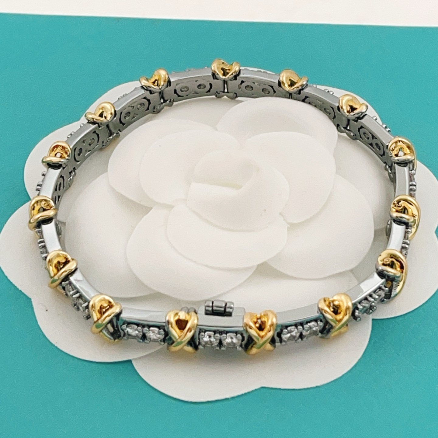 Tiffany Co Signature X Diamond Tennis Bracelet bracelet Two-tone sterling silver and 18k gold with clear round diamonds One size fits all
