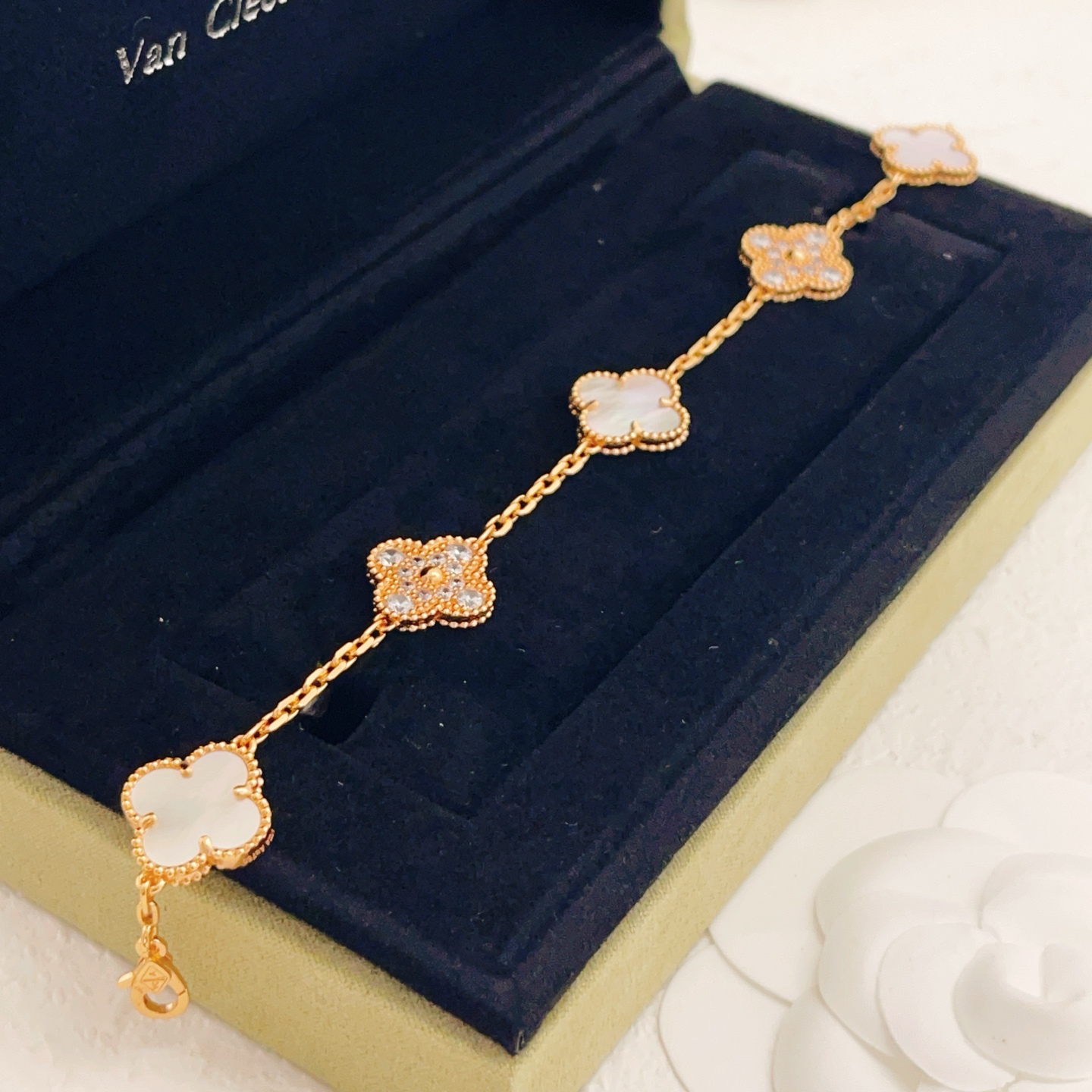 Van Cleef Arpels Alhambra bracelet Yellow gold with white mother-of-pearl and clear diamond accents 17cm