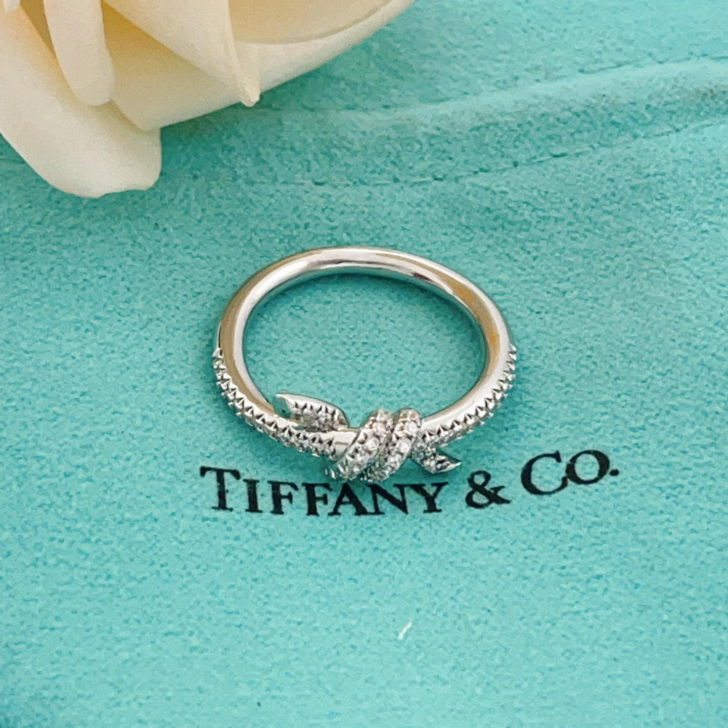 Tiffany Co Tiffany Knot ring silver-toned metal with clear pave diamonds 7