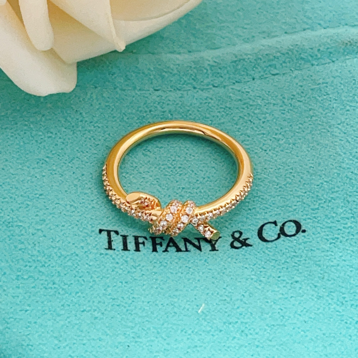 Tiffany Co Knot ring 18k yellow gold with clear pave diamonds 18k white gold with clear pave diamonds 18k rose gold with clear pave diamonds 7