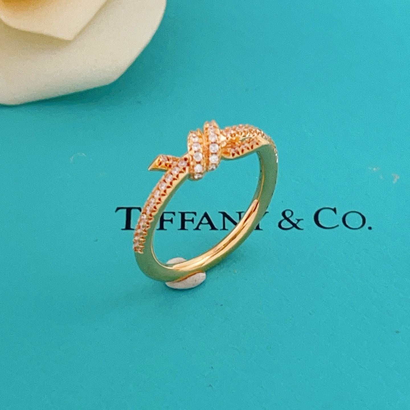 Tiffany Co Knot ring 18k yellow gold with clear pave diamonds 18k white gold with clear pave diamonds 18k rose gold with clear pave diamonds 7