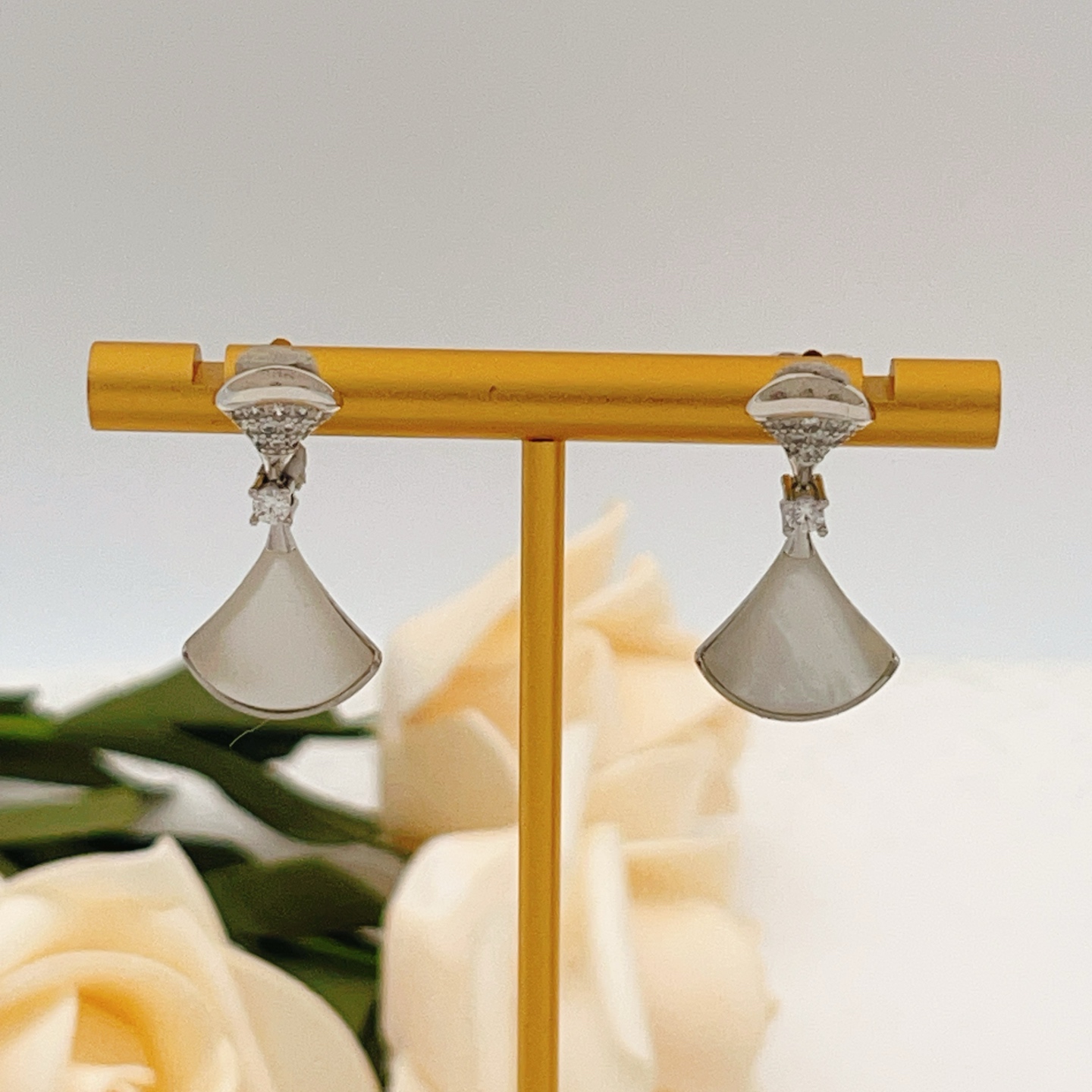 Bvlgari Divas Dream earrings silver-toned white gold clear diamond accents white mother-of-pearl 2 2cm drop length