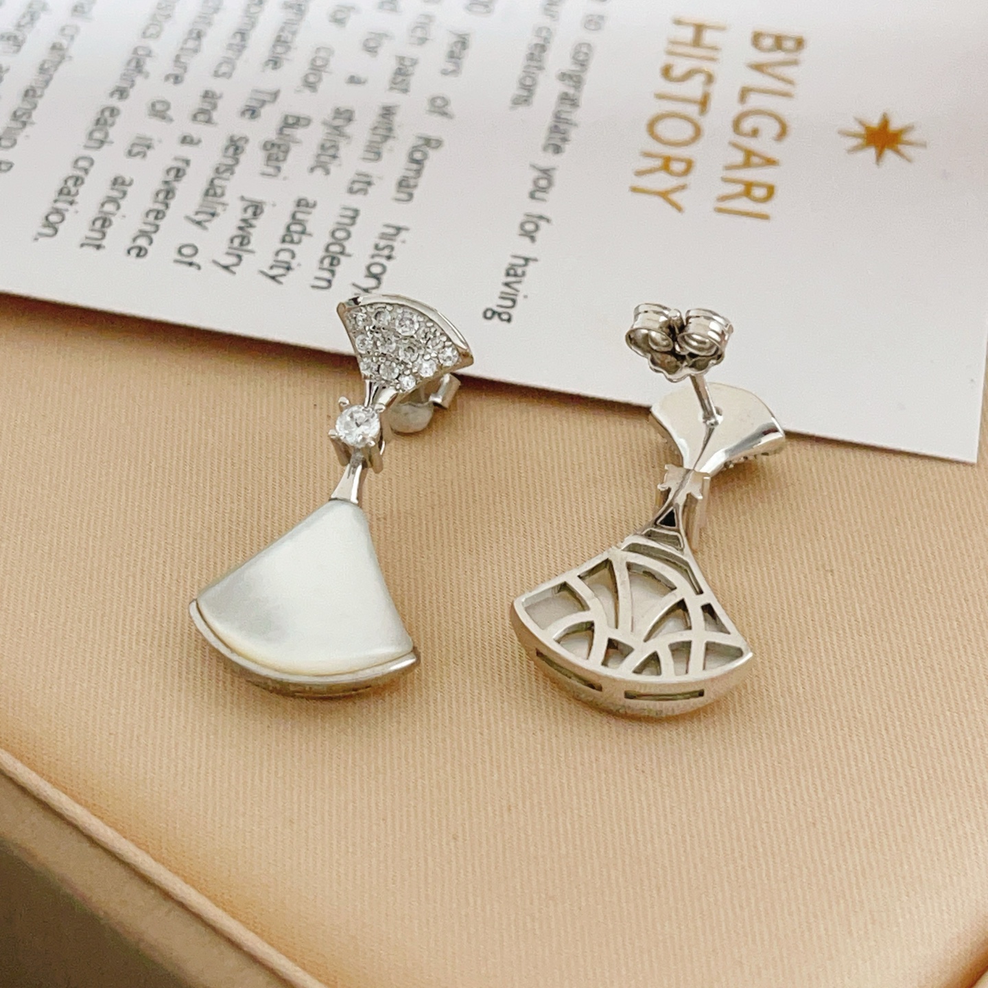 Bvlgari Divas Dream earrings silver-toned white gold clear diamond accents white mother-of-pearl 2 2cm drop length