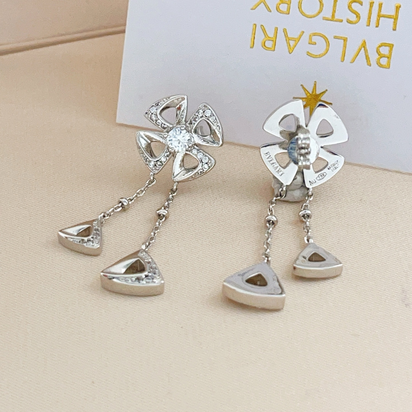 Bvlgari Divas Dream earrings silver-toned metal with clear diamond-like stones 3 5cm drop length