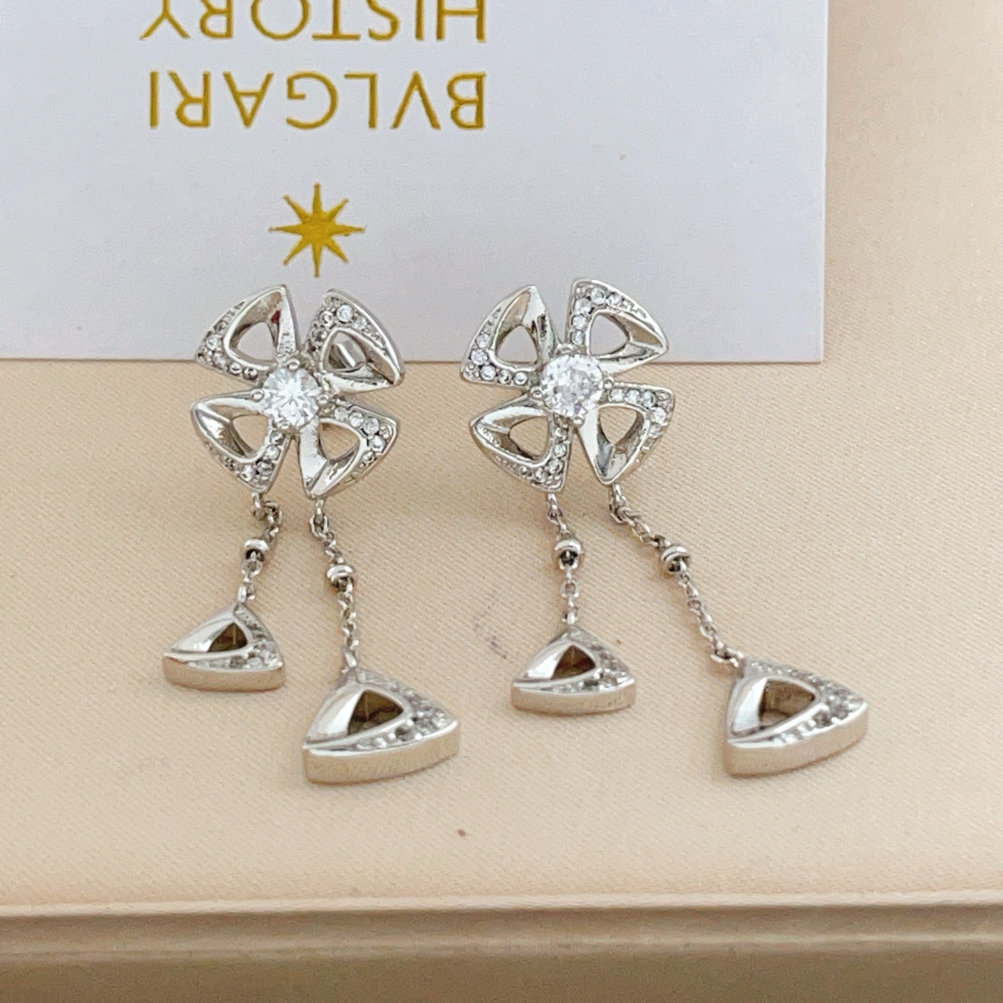 Bvlgari Divas Dream earrings silver-toned metal with clear diamond-like stones 3 5cm drop length