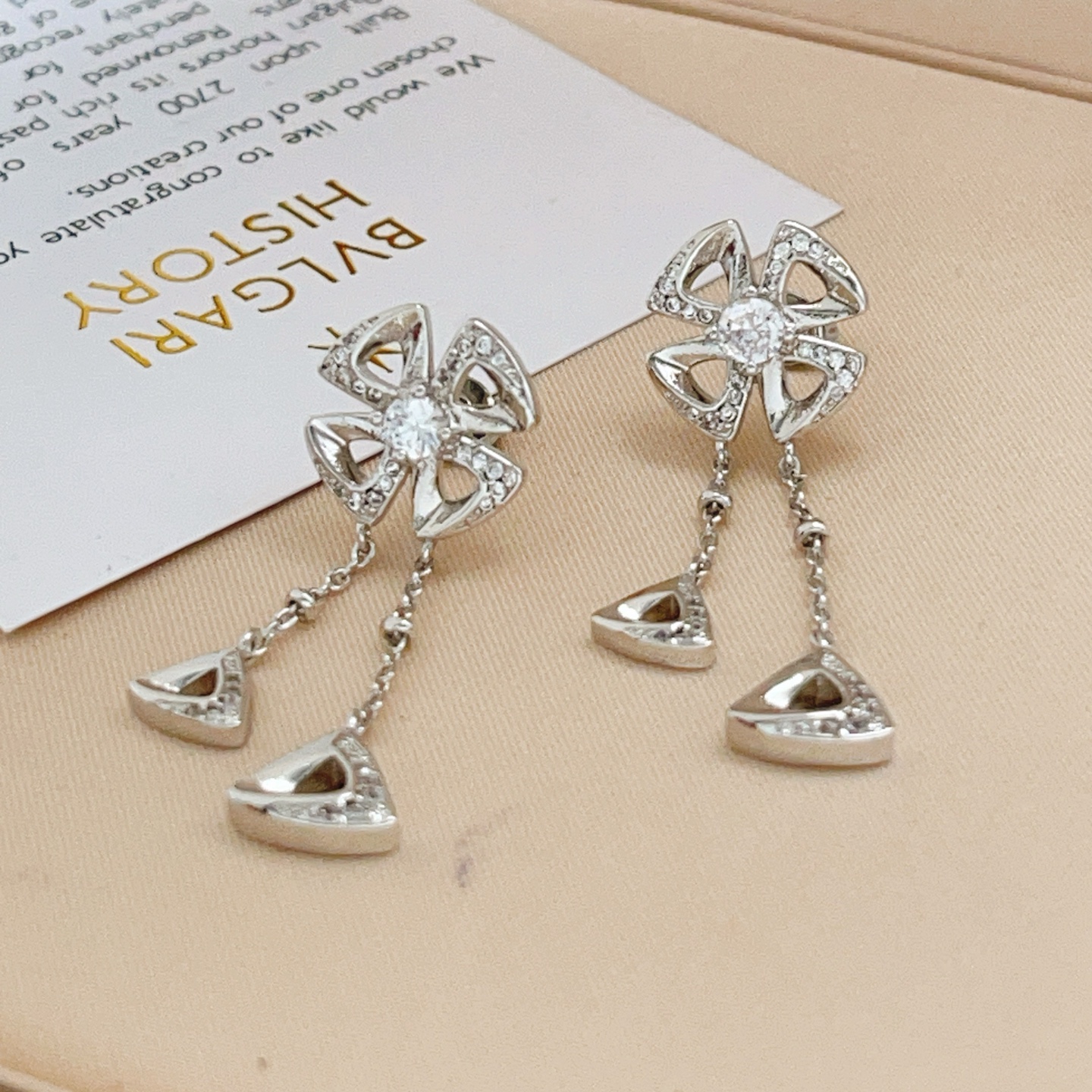 Bvlgari Divas Dream earrings silver-toned metal with clear diamond-like stones 3 5cm drop length