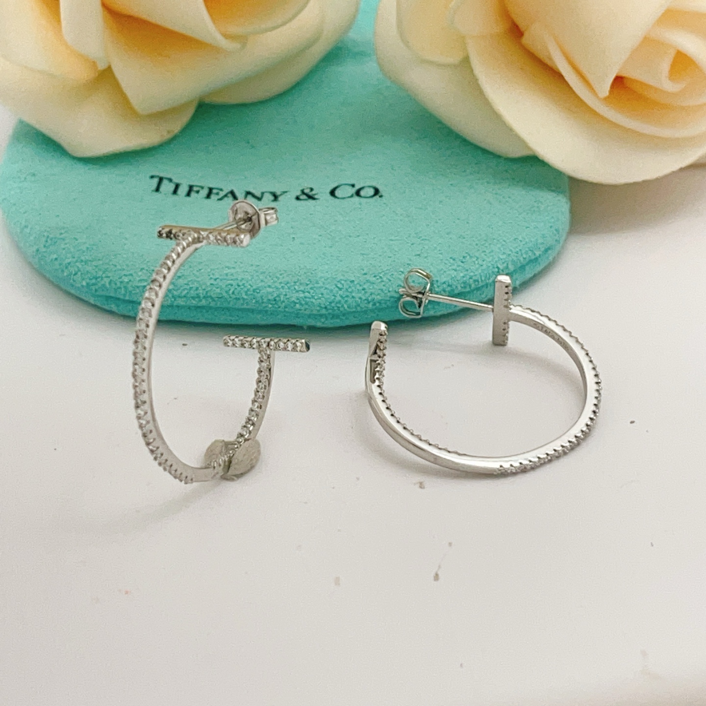 Tiffany Co T Wire Hoop earrings 18k white gold with pave diamonds 25mm hoop diameter