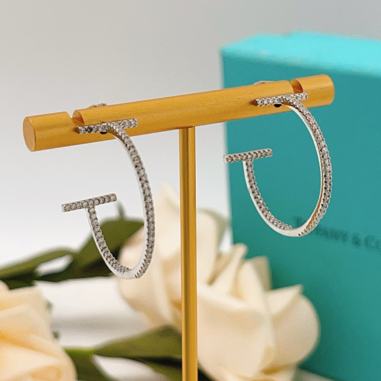 Tiffany Co T Wire Hoop earrings 18k white gold with pave diamonds 25mm hoop diameter