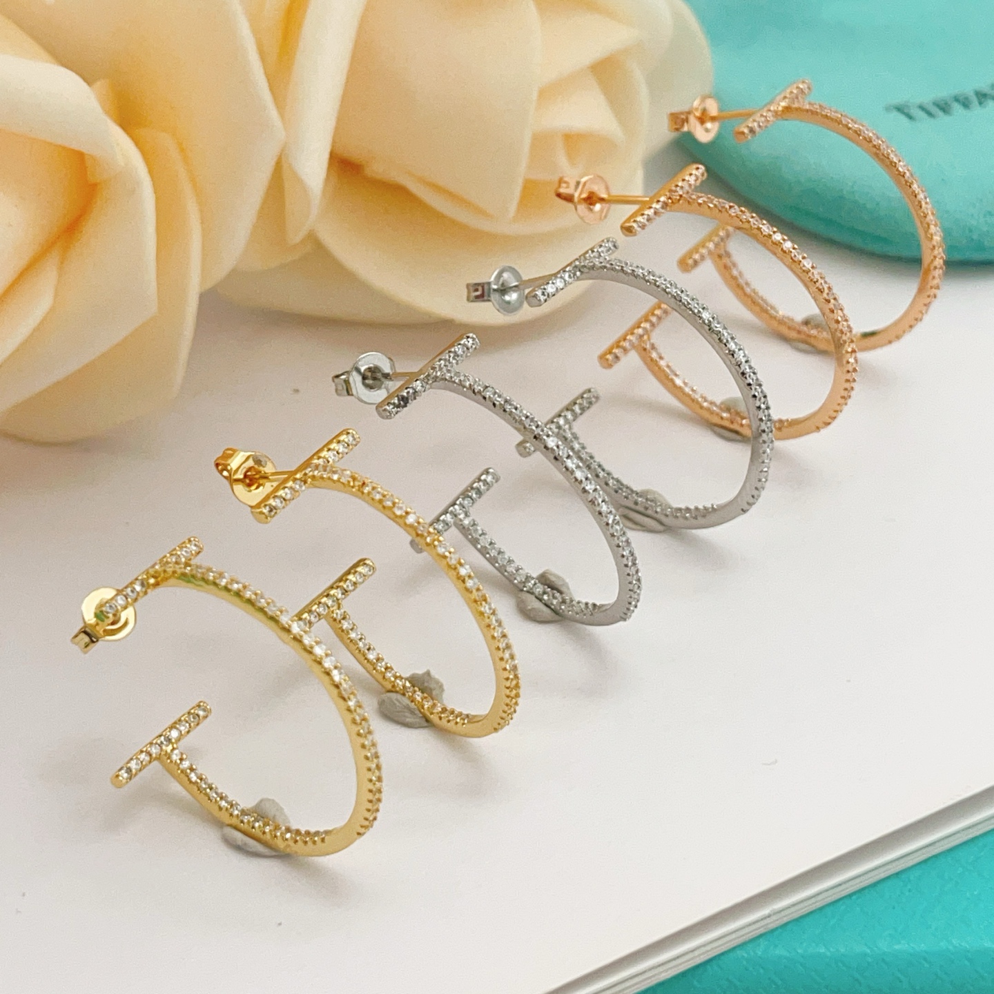Tiffany T Wire Hoop earrings yellow gold with clear pave diamonds 25mm diameter