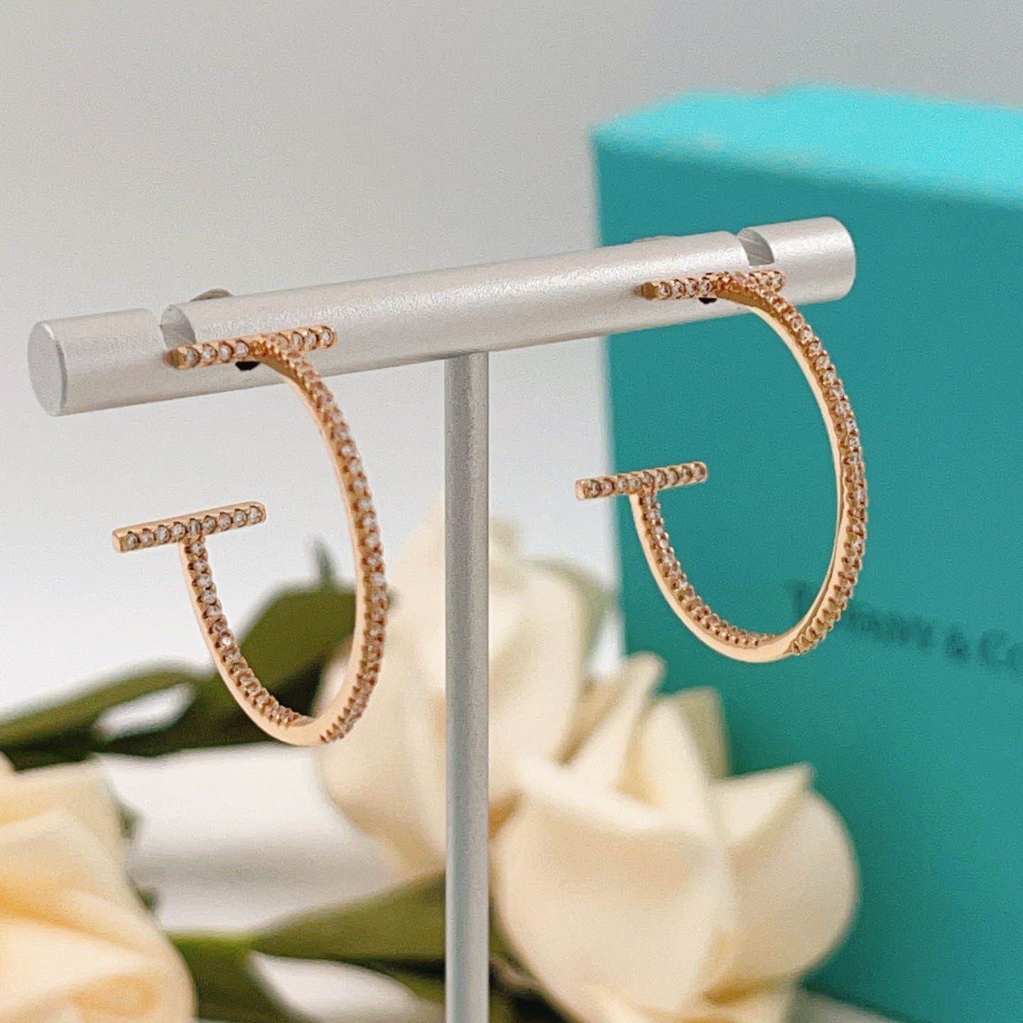 Tiffany Co T Wire Hoop earrings 18k yellow gold with pave set clear diamonds 30mm hoop diameter