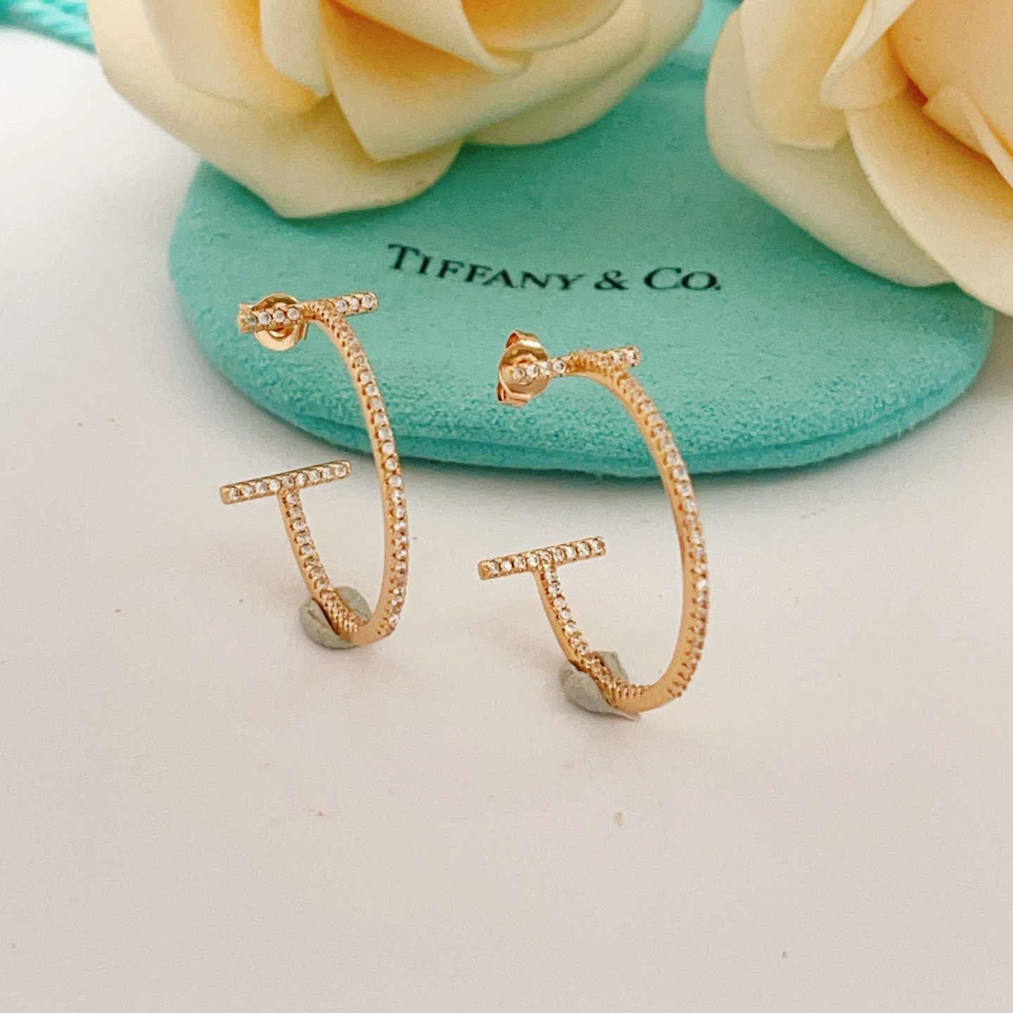 Tiffany Co T Wire Hoop earrings 18k yellow gold with pave set clear diamonds 30mm hoop diameter