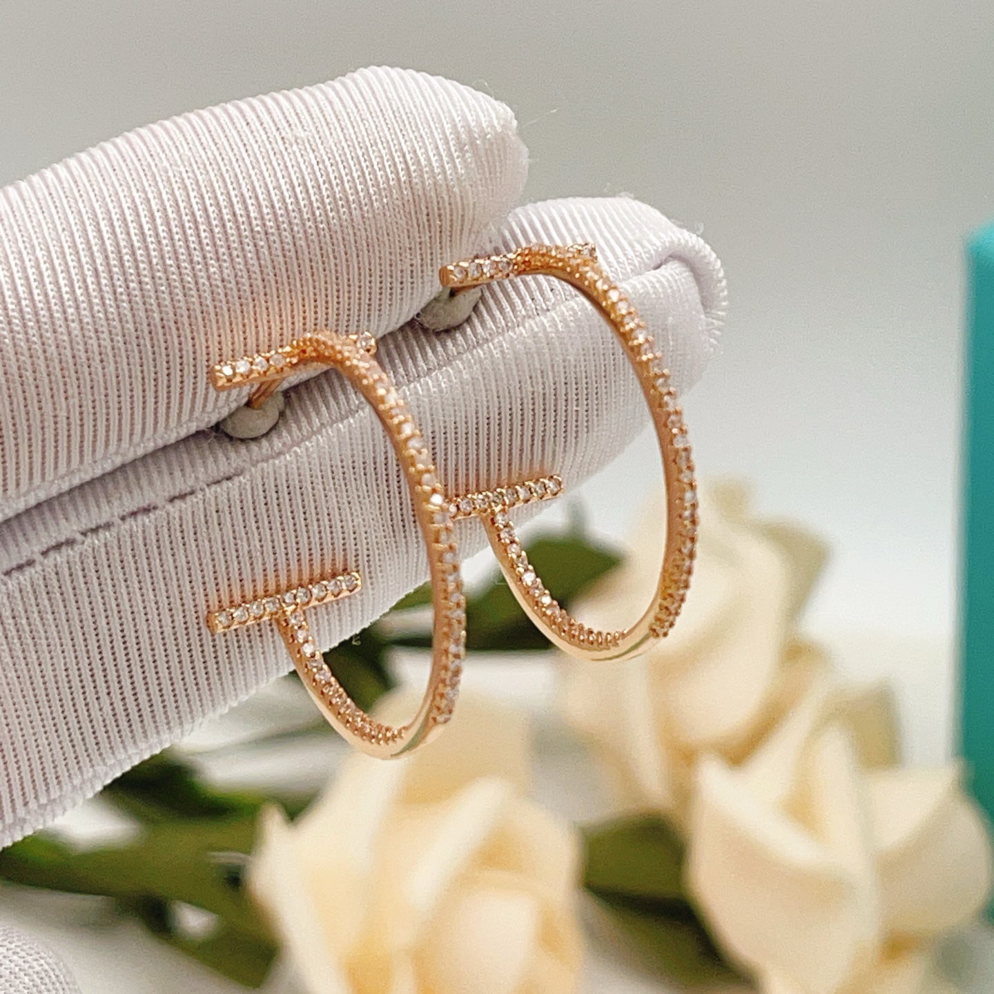 Tiffany Co T Wire Hoop earrings 18k yellow gold with pave set clear diamonds 30mm hoop diameter