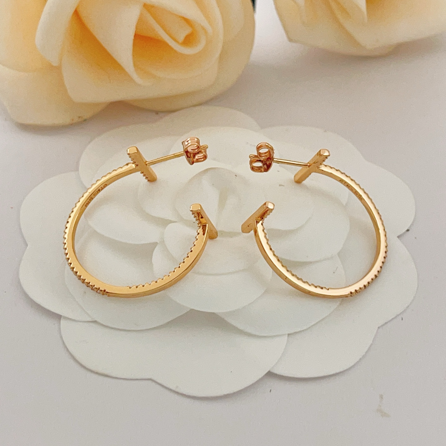 Tiffany Co T Wire Hoop earrings 18k yellow gold with pave set clear diamonds 30mm hoop diameter