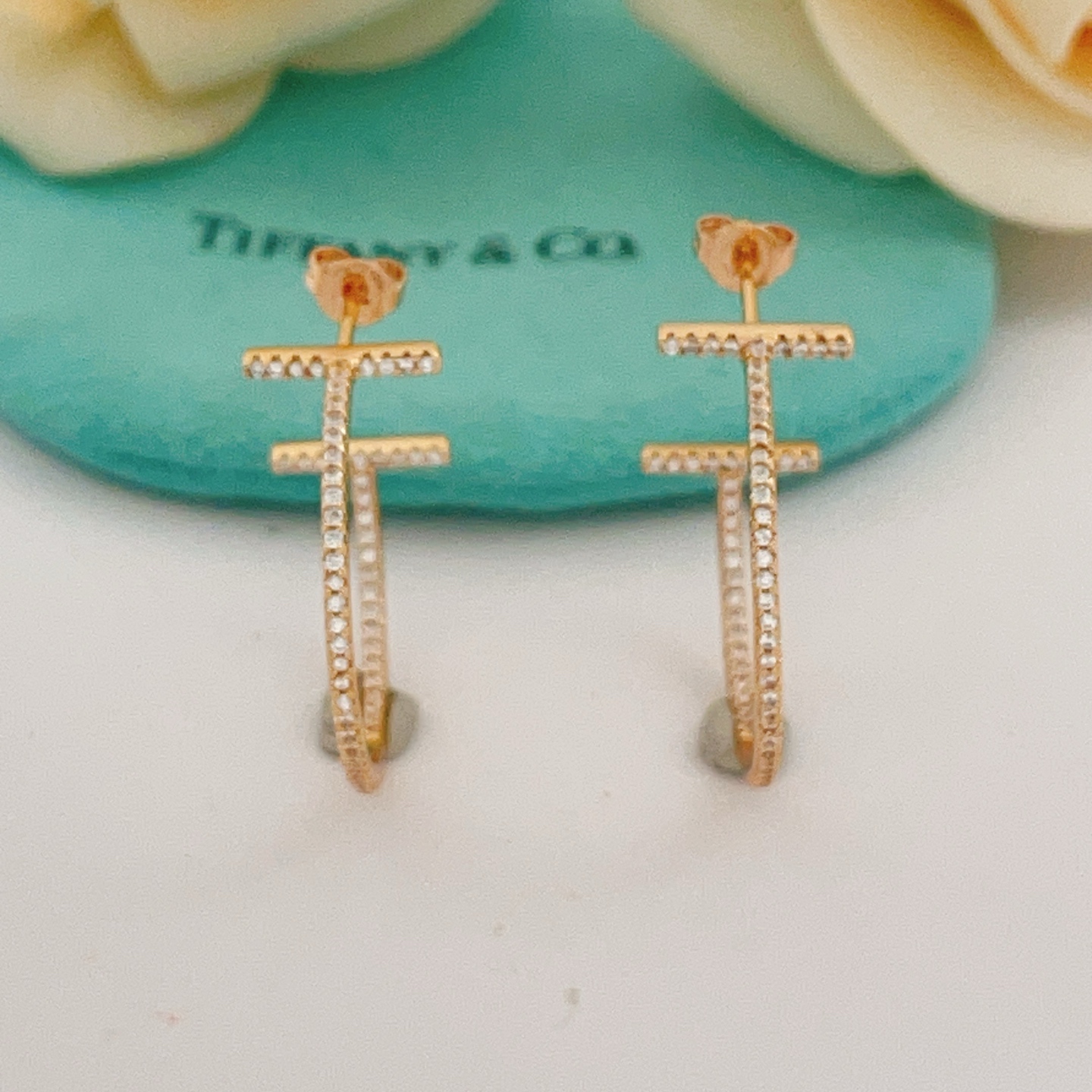 Tiffany Co T Wire Hoop earrings 18k yellow gold with pave set clear diamonds 30mm hoop diameter